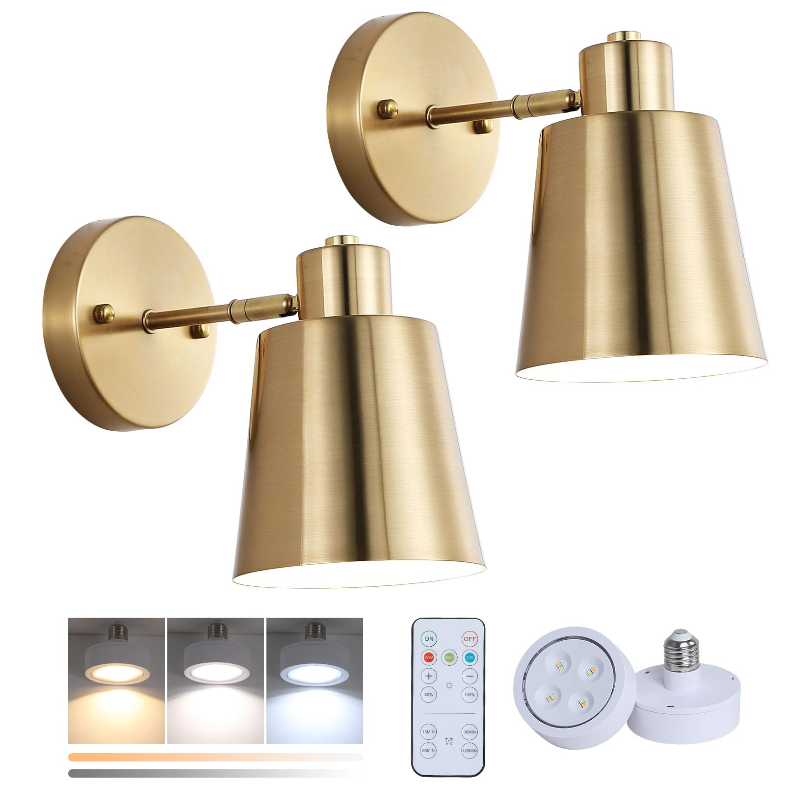 Hotran Battery Operated Wall Sconce Set Of Two,Gold Modern With Remote Control Dimmable Wall Lighting Indoor, Not Hardwired Led