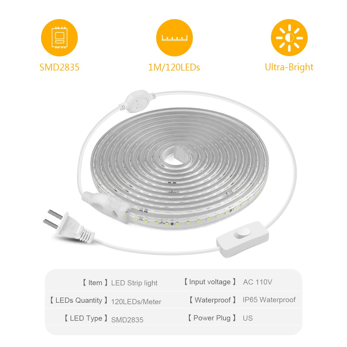 Chnmalitai 9.84Ft Led Strip Lights Outdoor Waterproof  6500K Super Bright Led Tape Lights 110 V White Rope Lights 360 Leds Strip Lighting For Bedroom  Backyards  Garden