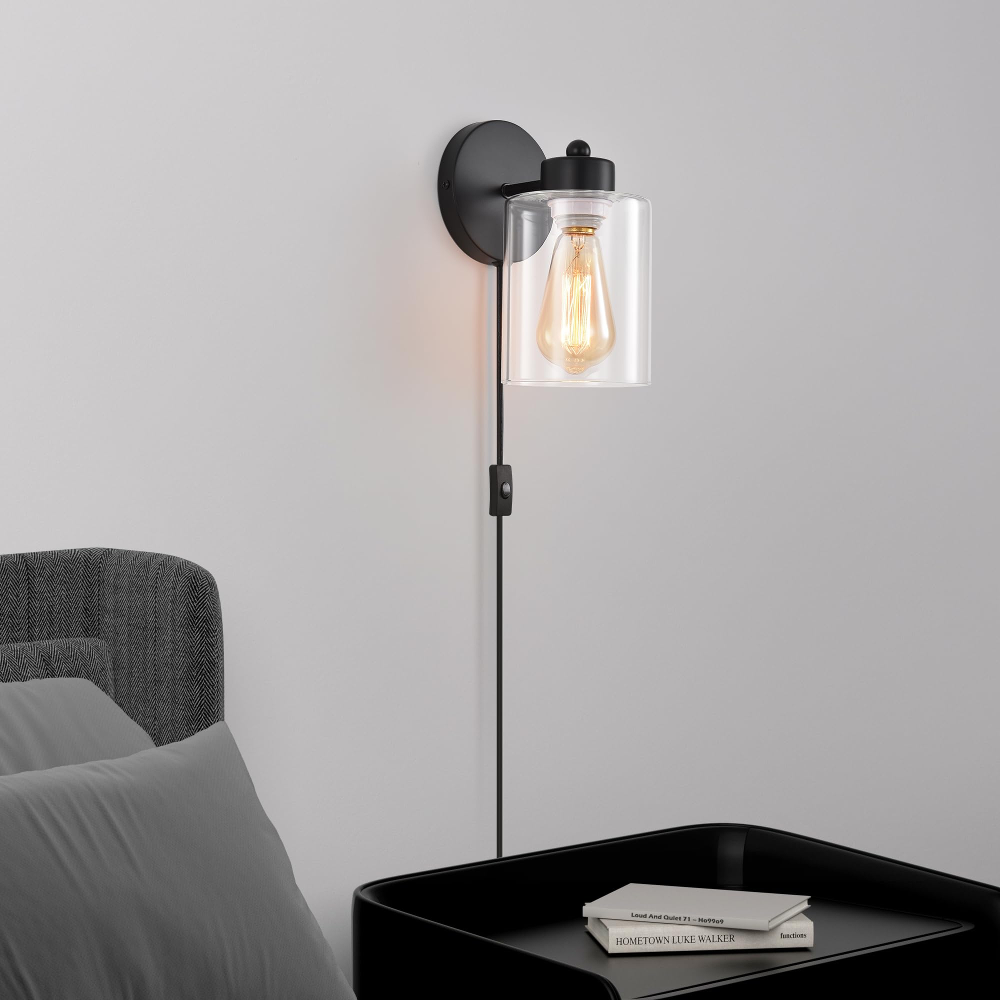 KENMI Metal Wall Sconce Lighting, Clear Glass Shade, Matte Black, Modern Design, 1 Pack, Model W12W