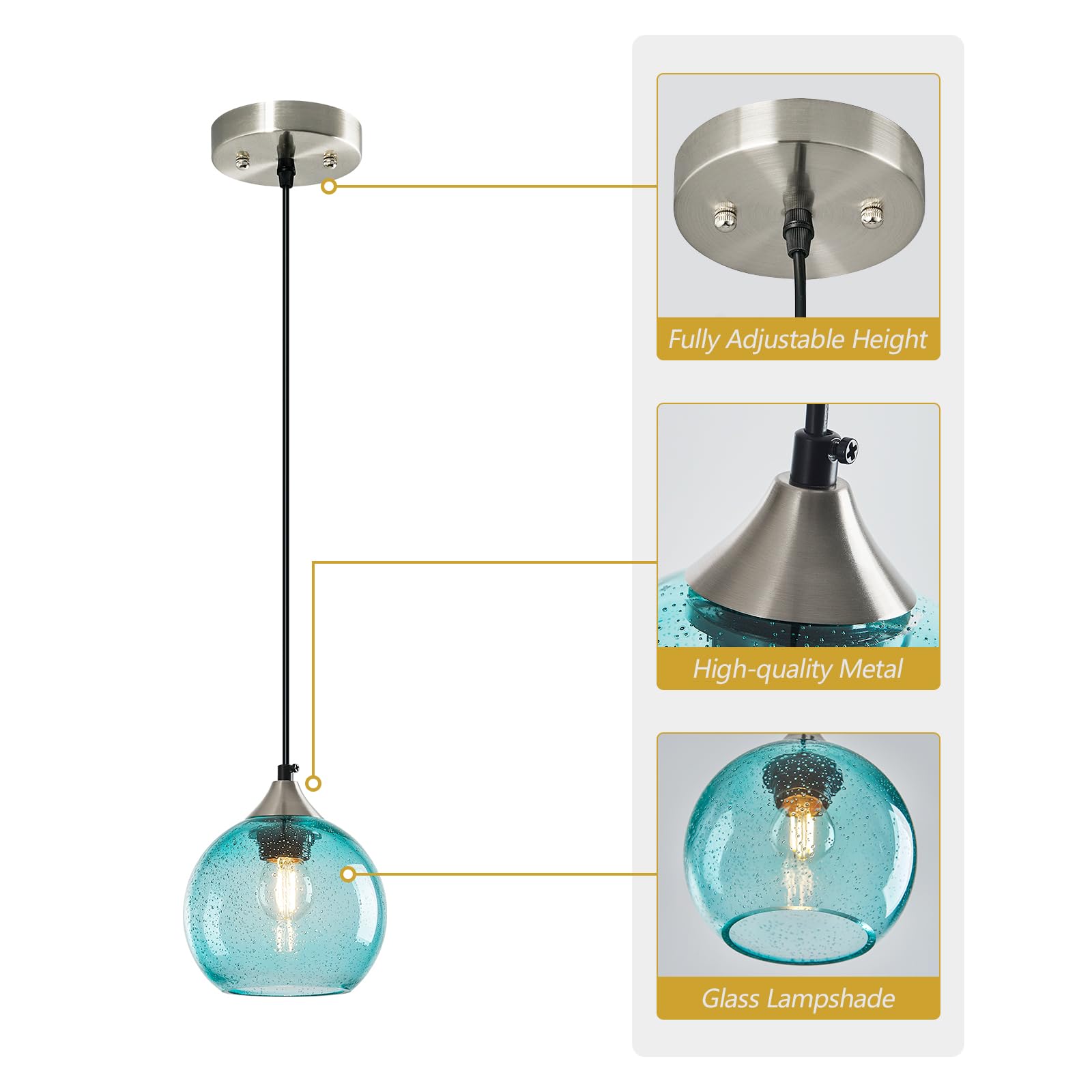 Lbsqj Light Blue Glass Pendant Lights Kitchen Island Globe Pendant Light Fixtures Modern Pendant Lighting For Bedroom Living Dining Room Light Fixture (5.9 In  3 Pack)