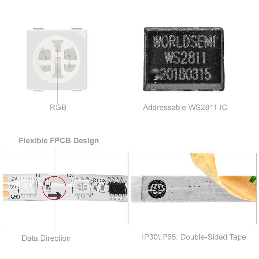 Btf-Lighting Ws2811 Ic=Rgb+Ic Addressable Dream Color Led Strip 16.4Ft 60Leds/M 20Pixels/M Ip65 Splash Proof White Pcb Flexible