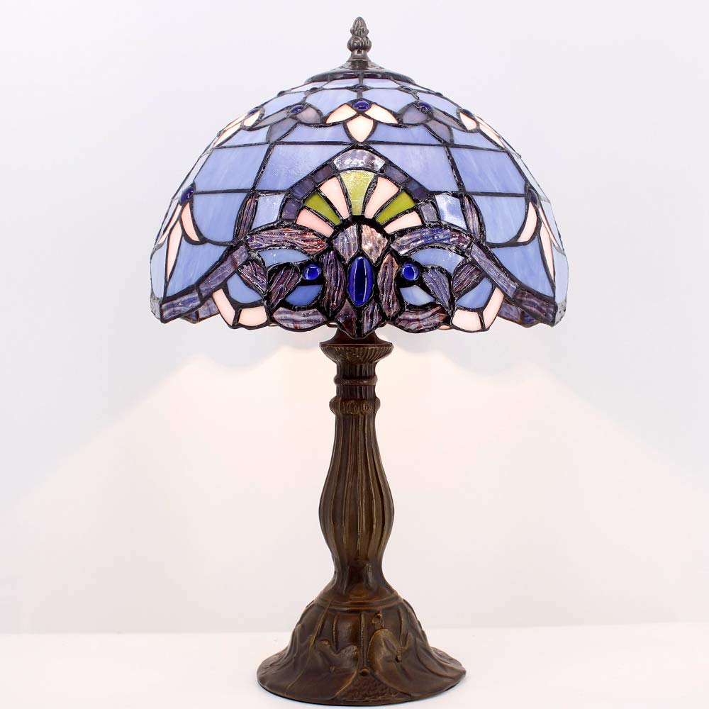 WERFACTORY Tiffany Table Lamp, Stained Glass, 12x12x18 Inches, Blue Purple Baroque, S003C Series, Ideal for Bedroom and Living Room Decor