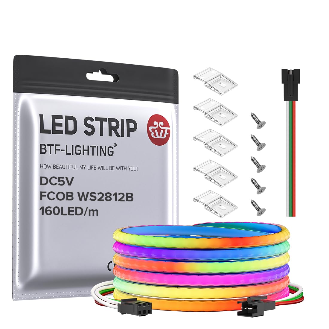BTF-LIGHTING FCOB COB XGB1338(WS2812B) IC RGB 160LED/m 480IC LED Strip DC5V 9.8FT Individual Addressable Flexible High Density U