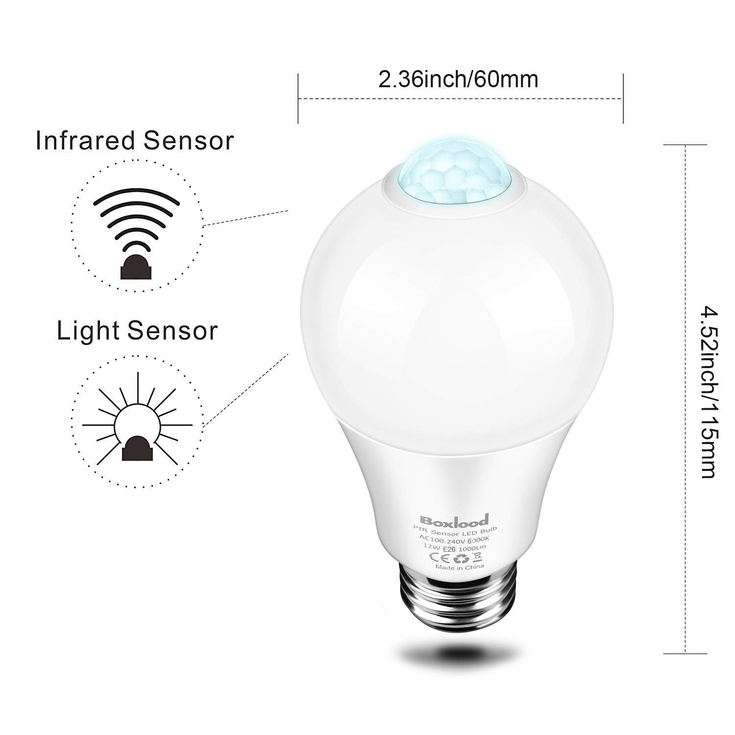 Boxlood Motion Sensor Light Bulbs, 12W (100W Equivalent), Cool White, A19 E26, 2-Pack, PIR Activated, Dusk to Dawn, Model QP6012