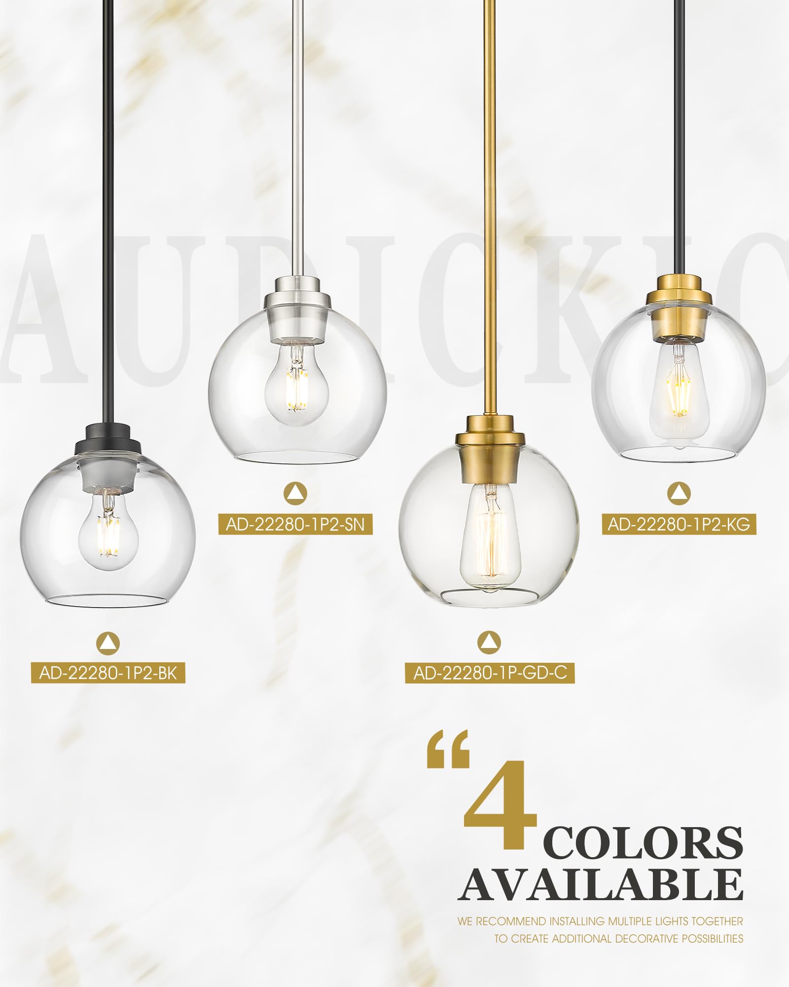Audickic Pendant Lights Kitchen Island  7 Black And Gold Hanging Lights Fixtures With Clear Glass Globe Shade  Modern Kitchen Island Lighting For Bathroom  Ad-22280-1P-Kg