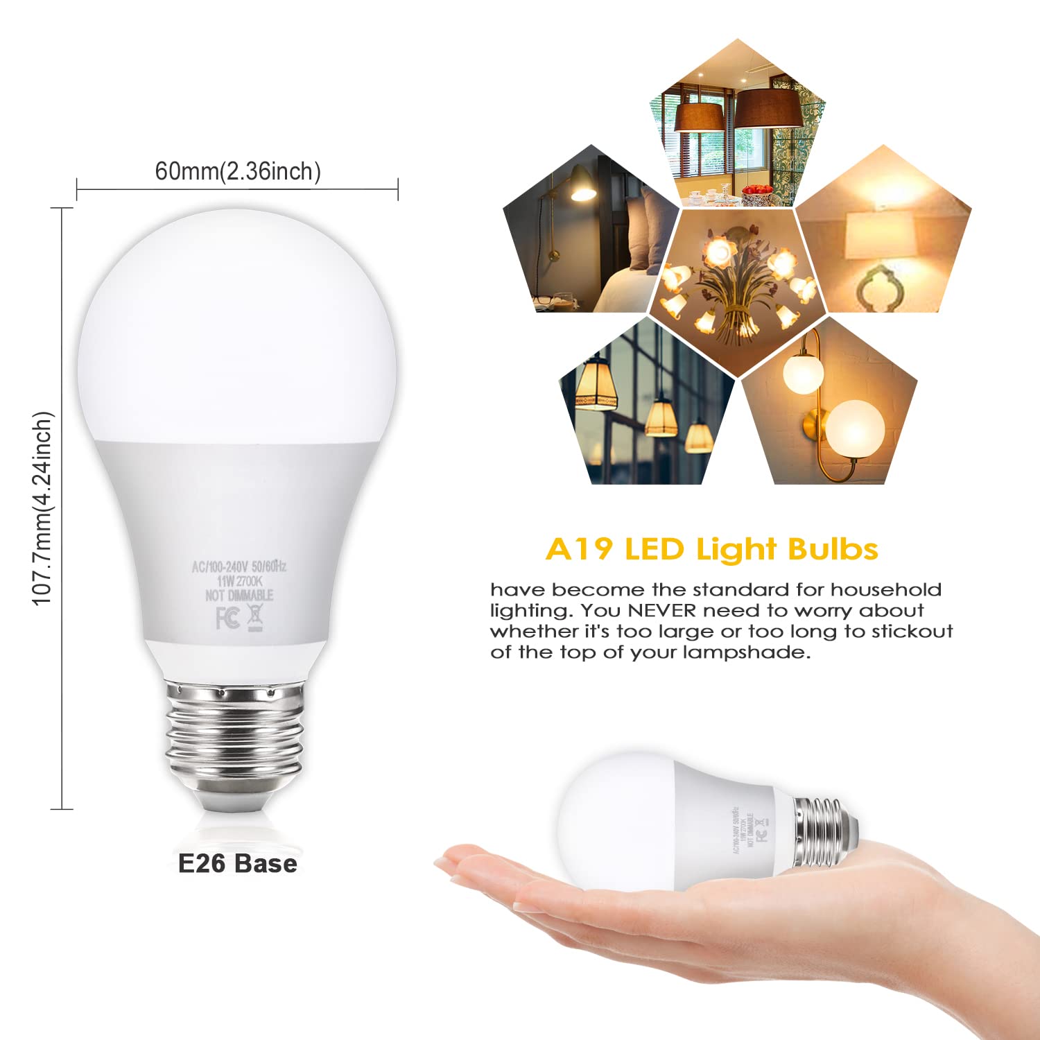 Yochoice 12-Pack A19 Led Light Bulbs, 100 Watt Equivalent Led Bulbs, 2700K Warm White, No Flicker E26 Edison Medium Screw Base B