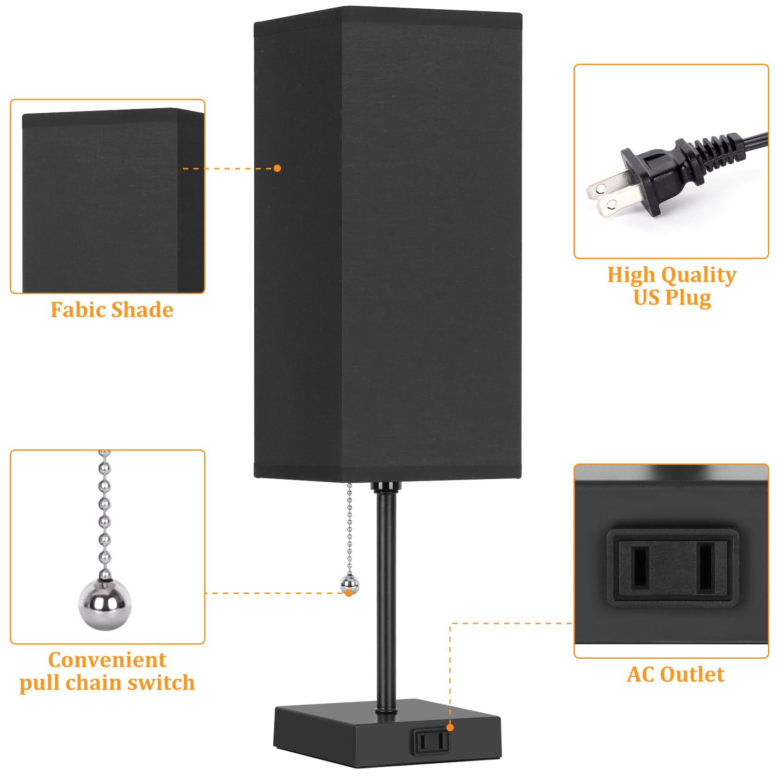 Dott Arts Table Lamp Set of 2, 3-Color, 18in Black Plastic Nightstand Lamps with Pull Chain and AC Outlets, Model PTL6W-028