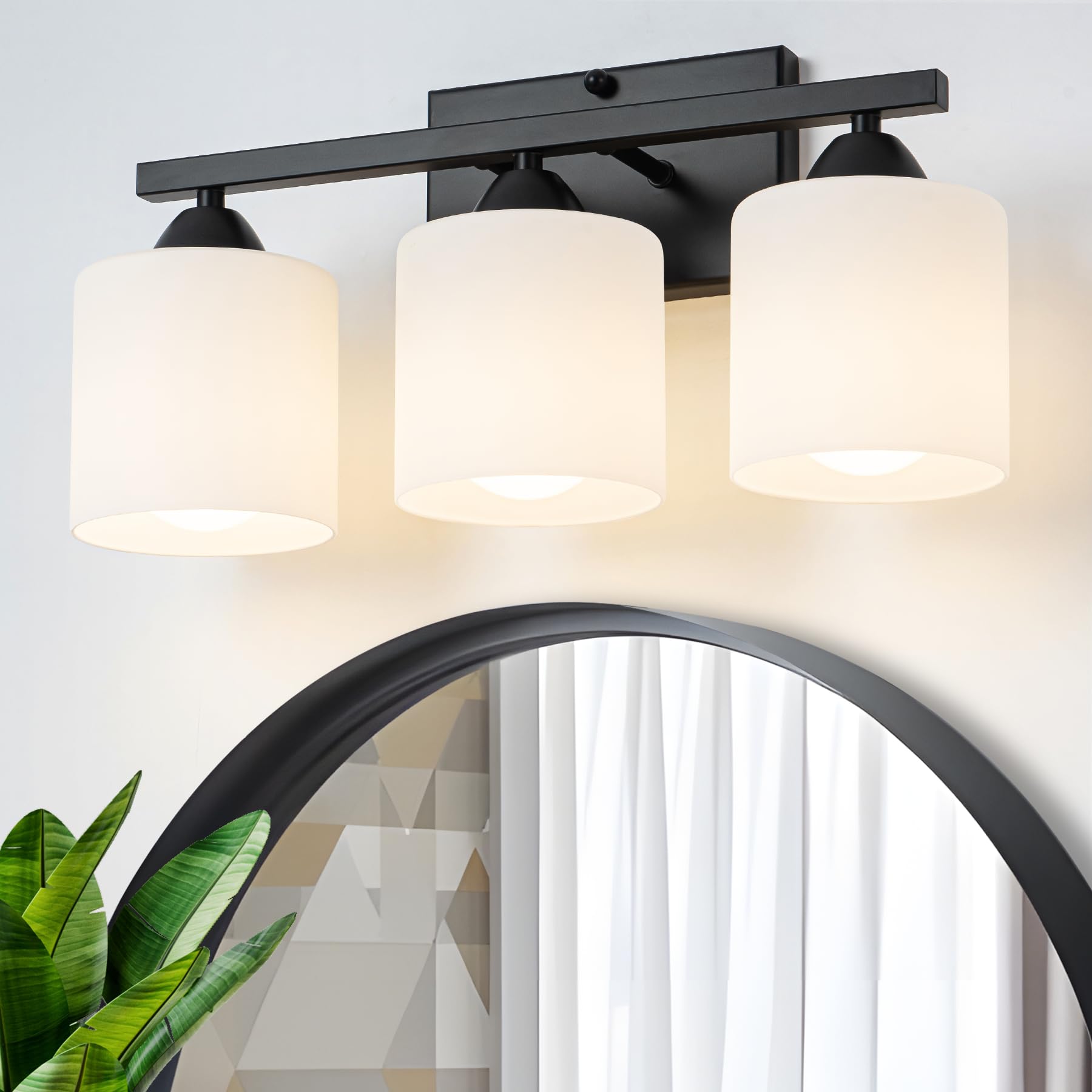 CANMEIJIA 3-Light Bathroom Vanity Light Fixture, Matte Black, Aluminum, Milky White Glass Shades, Model CMJ-JQD-001