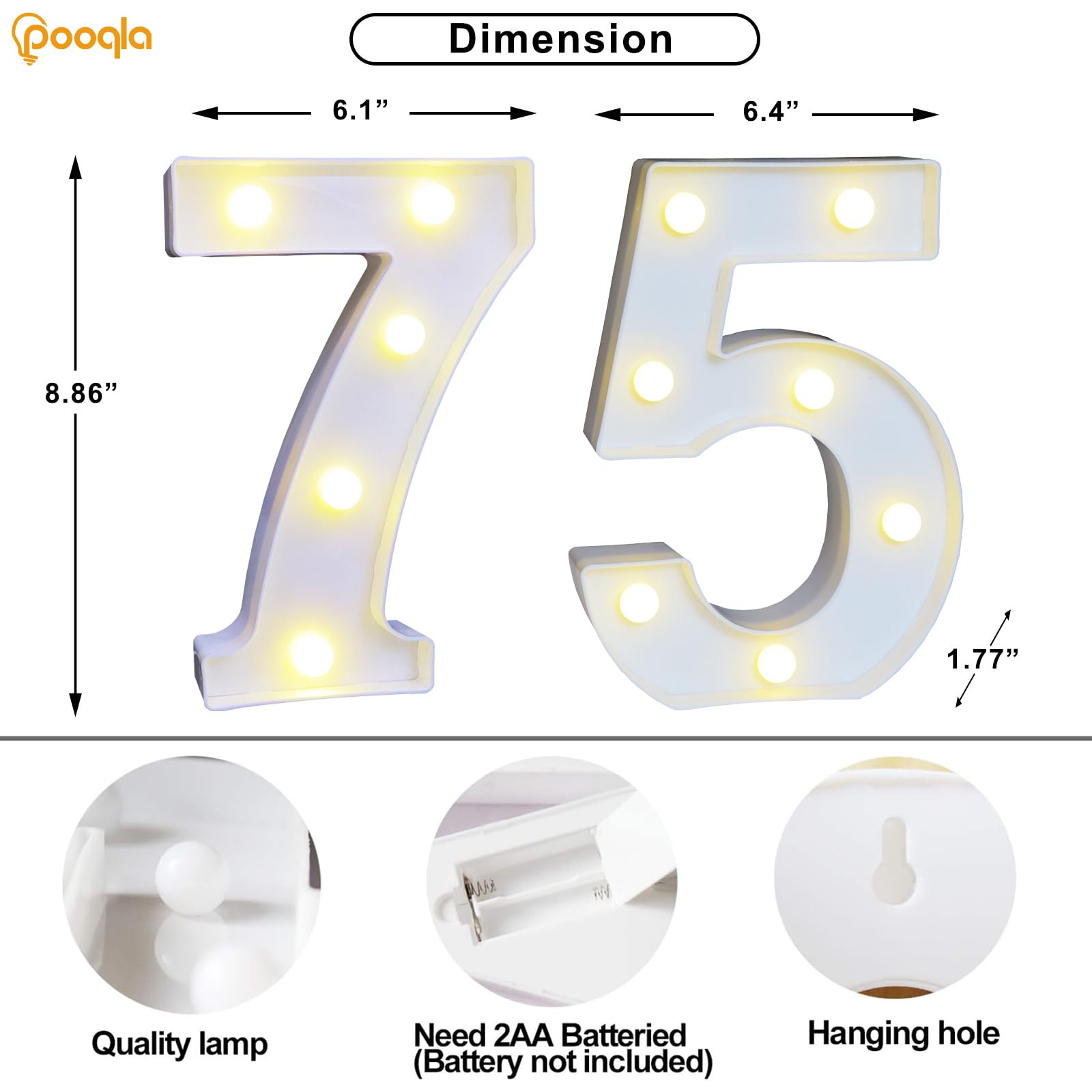 Pooqla LED Number 75 Birthday Decoration, Plastic Marquee Sign, Cool & Warm White, 75th Anniversary Party Backdrop