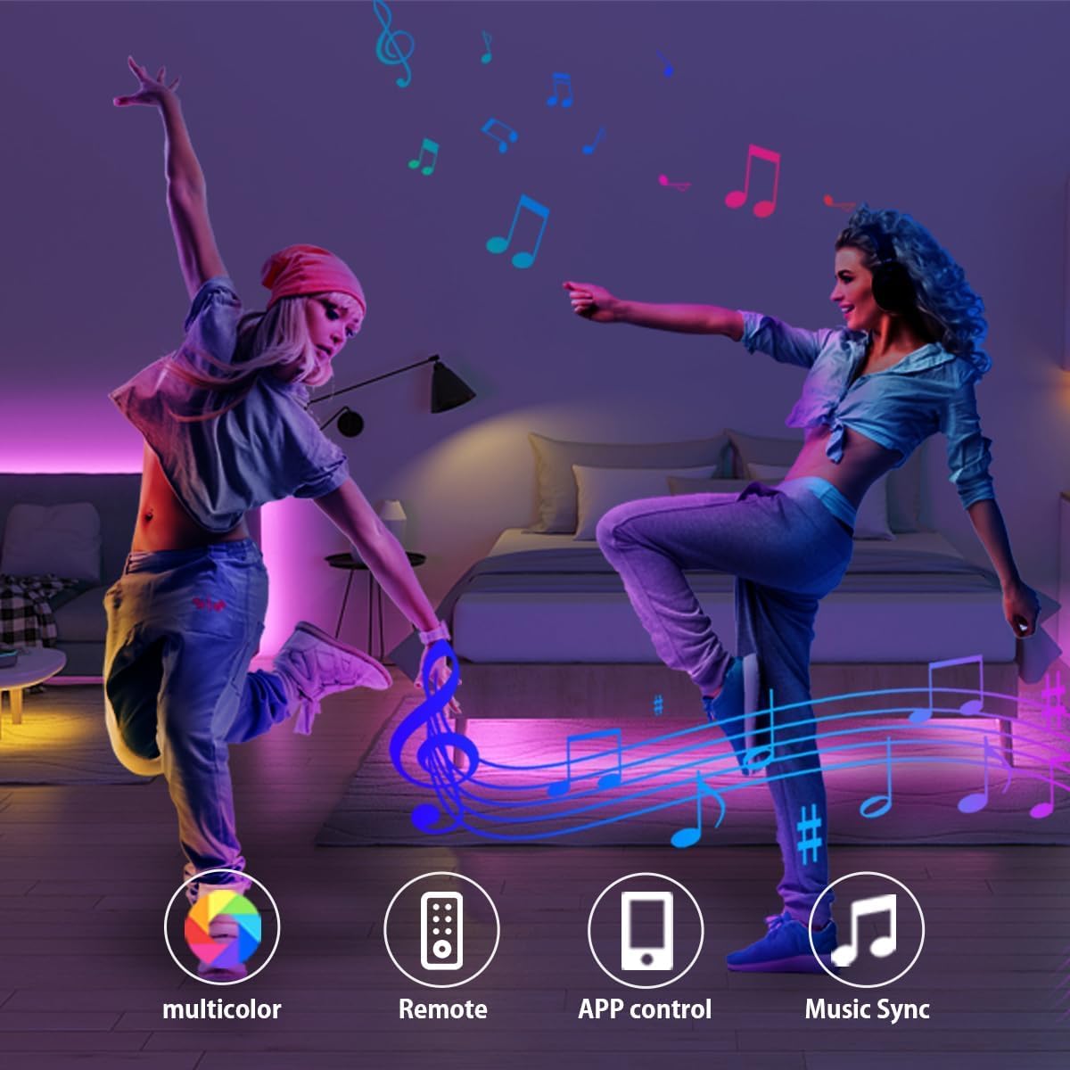 IKERY LED Strip Lights, 130ft RGB Music Sync, Bluetooth Controller, Cuttable & Dimmable, Multicolor, PVC