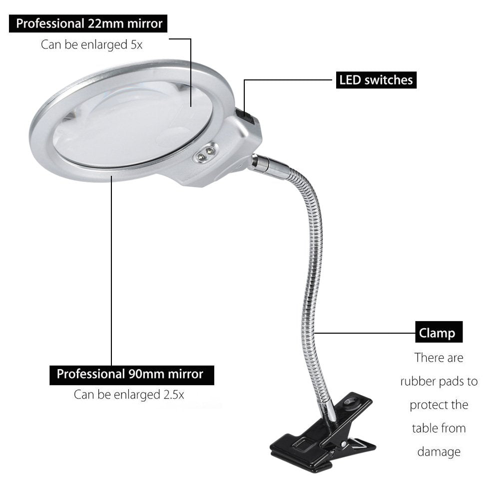 Desk Magnifying Lamp, Large Lens Table Top Hands Illuminated Folding Design Lighted Magnifier Glass With Adjustable Led Light Cl
