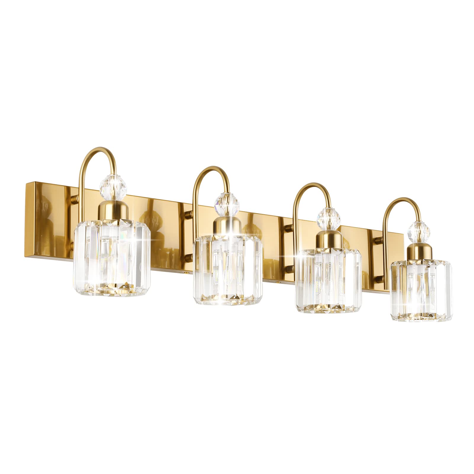 Ralbay 4-Light Brass Gold Crystal Vanity Lights - Modern Bathroom Wall Lighting Fixtures