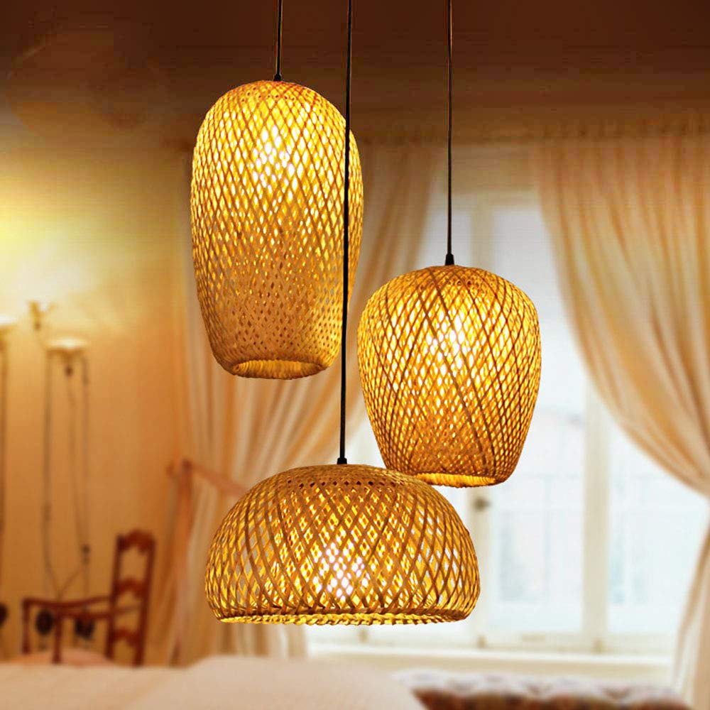 Bamboo Light Fixtures, 3 Headlights E26 E27 Retro Rustic Bamboo Wicker Rattan Chandelier Ceiling Hanging Light for Living Room B