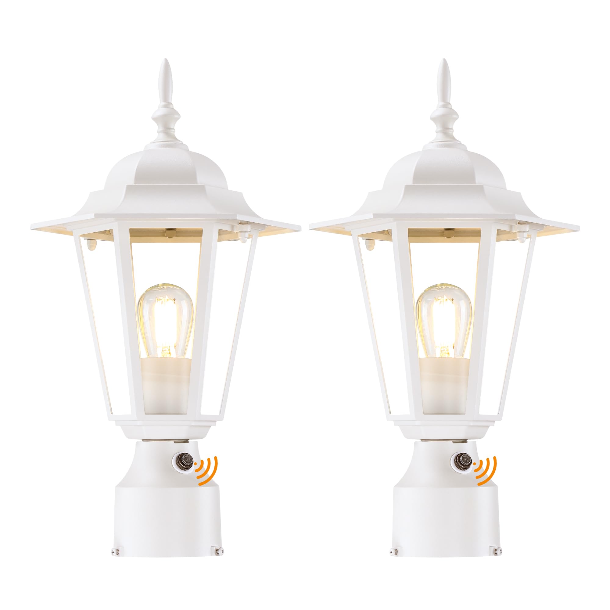 GRUENLICH Outdoor Post Lights, Modern Aluminum Lamp Fixture, Dusk to Dawn, 15in Height, White, 2 Pack, Model GR-PL001D2D-WT-