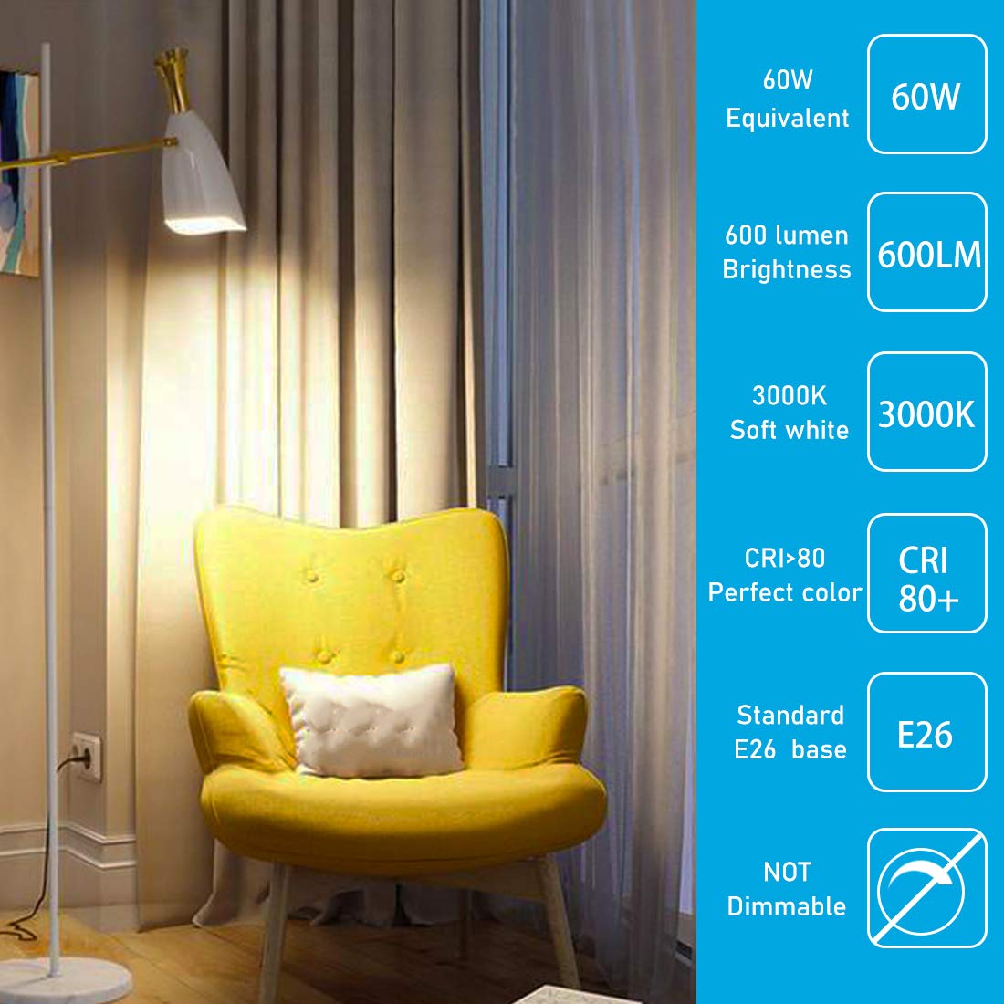 Yukihalu A15 Led Light Bulbs, 60W Equivalent, 7W 600 Lumens, 3000K