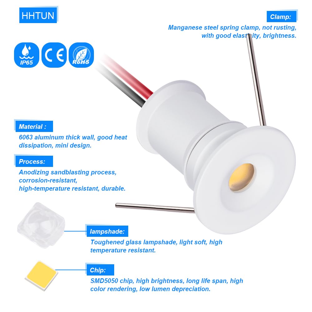 HHTUN LED Mini Spotlight 120° 1W Aluminum DC12V 75lm 3000K White Model HT-902, 9-Pack for Cabinet Lighting