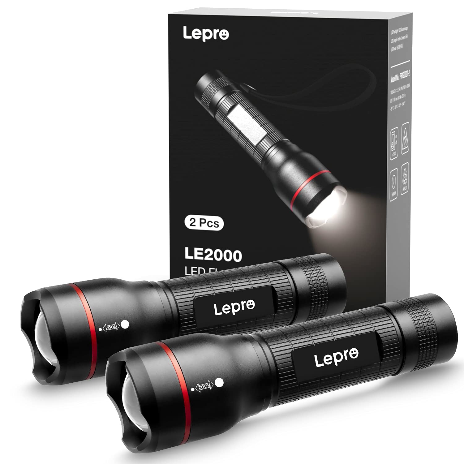 Lepro LED Flashlight LE2000, High Lumen, 5 Lighting Modes, Zoomable, Waterproof, Black, 2 Pack
