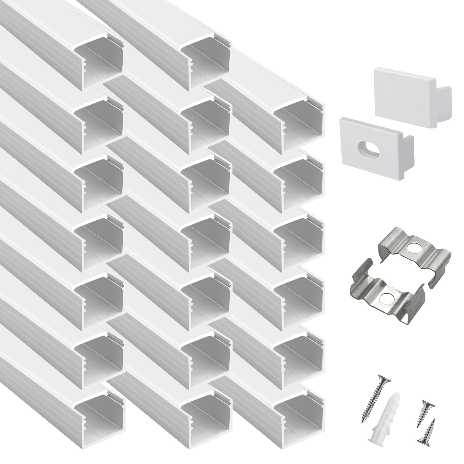 hunhun 20-Pack 6.6ft/ 2Meter Plus-Size U Shape LED Aluminum Channel System with Milky Cover, End Caps and Mounting Clips, Alumin