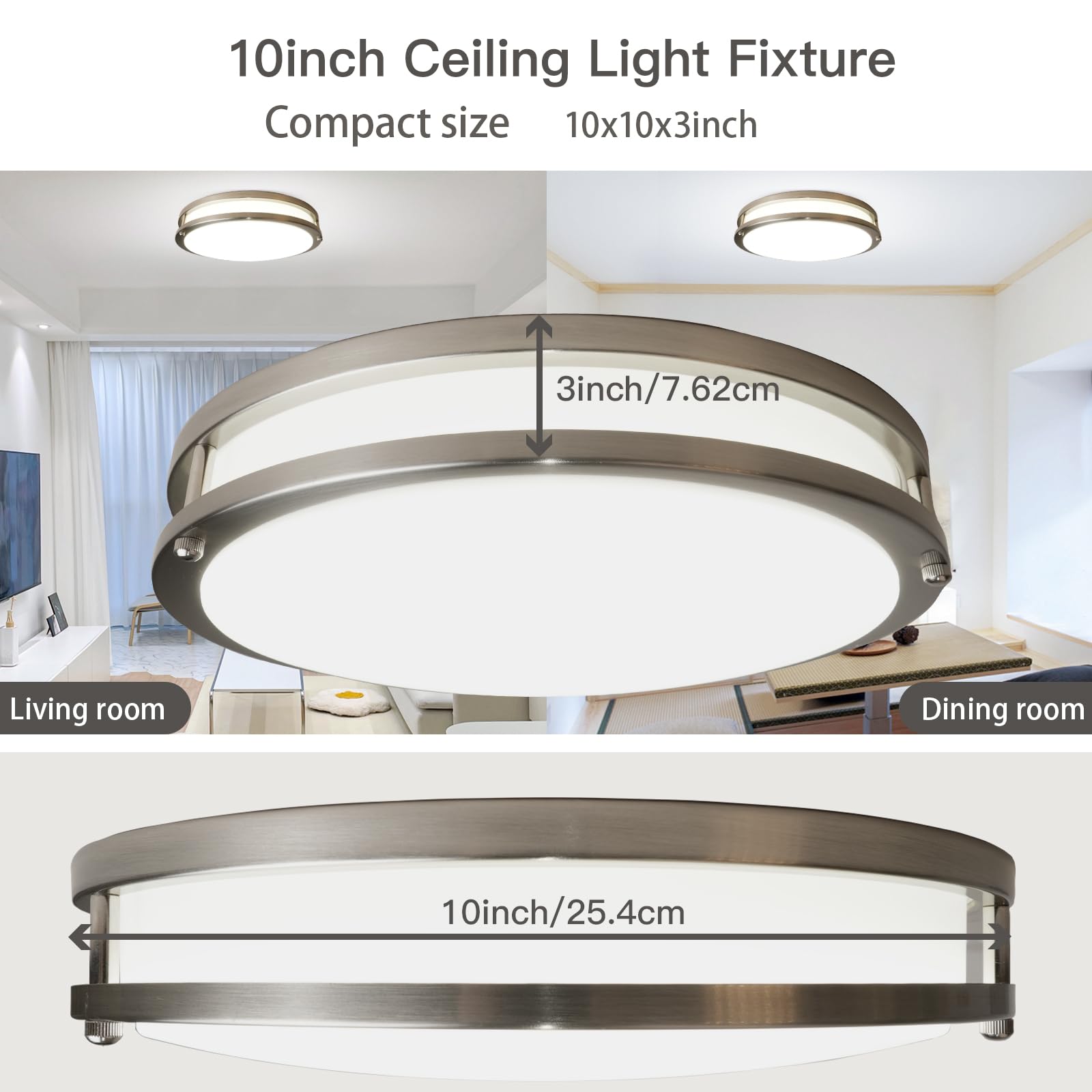 Elekeed 2Pack 10Inch Led Ceiling Light Fixtures, 24W 2400Lm Flush Mount Light Fixture, Brushed Nickel Dimmable Light Fixture 500
