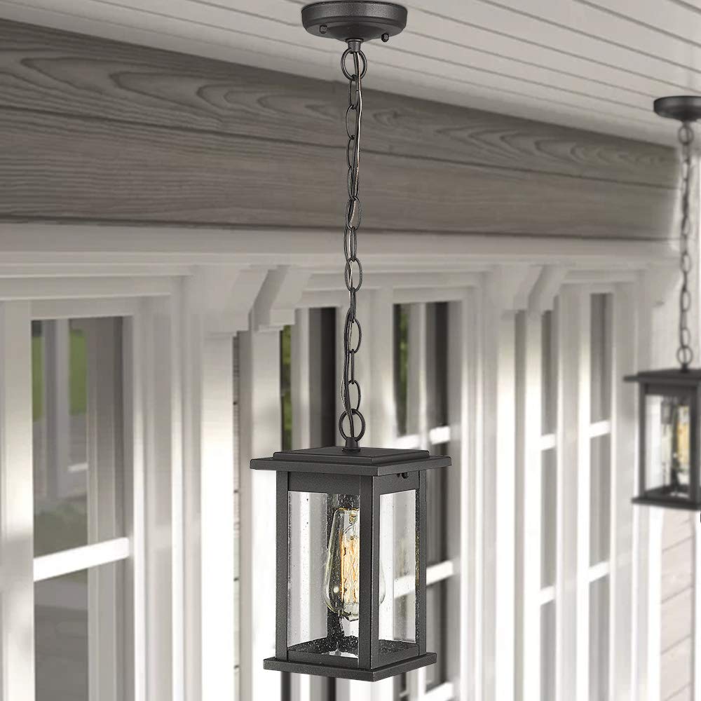 Emliviar 1-Light Outdoor Pendant Light, Black Finish With Seeded Glass, Medium Hanging Fixture