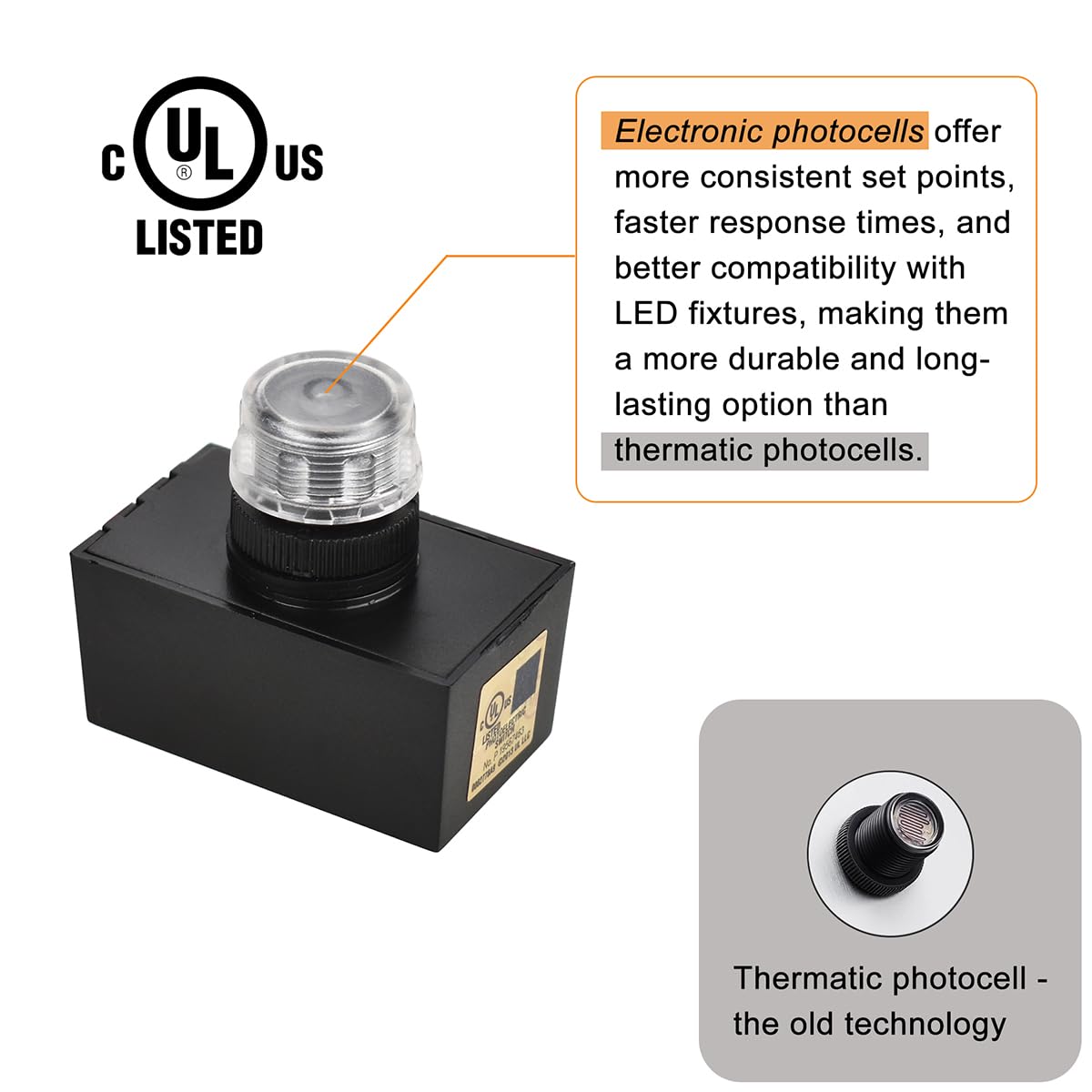 J.LUMI YCA1030 Hard-Wired Outdoor Photocell Light Sensor, Black, 1 Pack, UL Listed