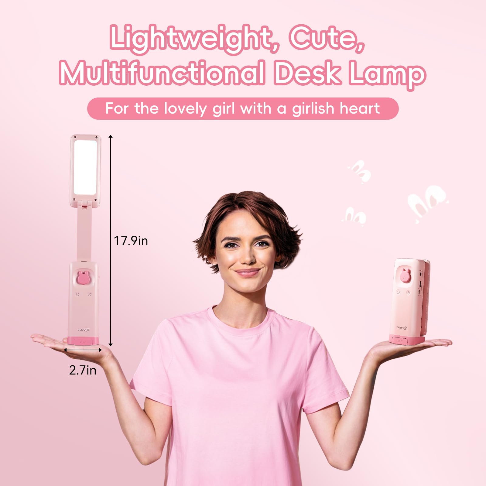 VAVOFO Desk Lamp KM-6779A, Foldable, Battery Powered, 6000mAh, USB C Rechargeable, Pink