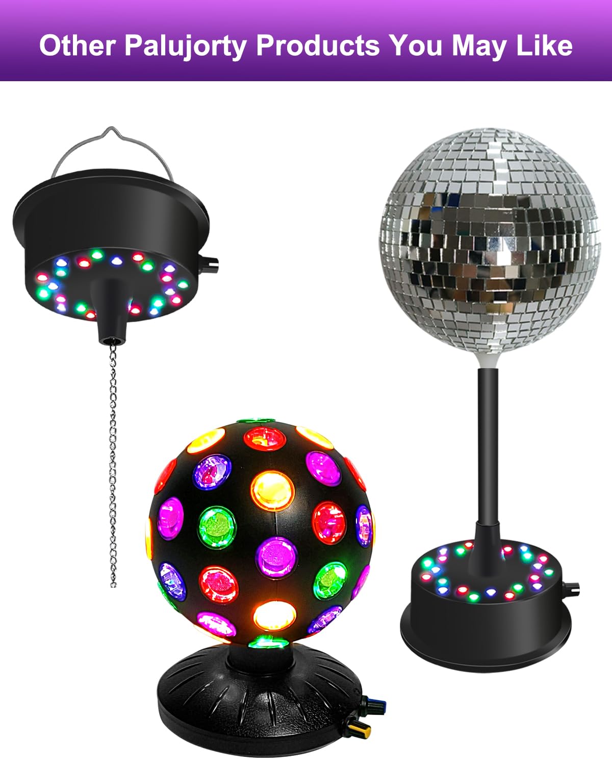 Palujorty Disco Ball Motor with Remote, 5-9 RPM, 24 LED Lights, USB/Battery Powered, Multicolor for 4in-12in Balls