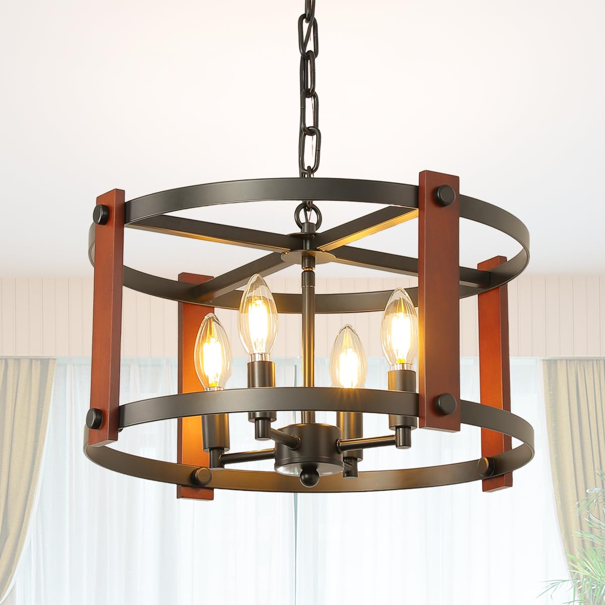 Lanpesting Farmhouse Wood Chandelier,18 Inch Black Modern Rustic Vintage Hanging Pendant Ceiling Light Fixture for Dining Room B