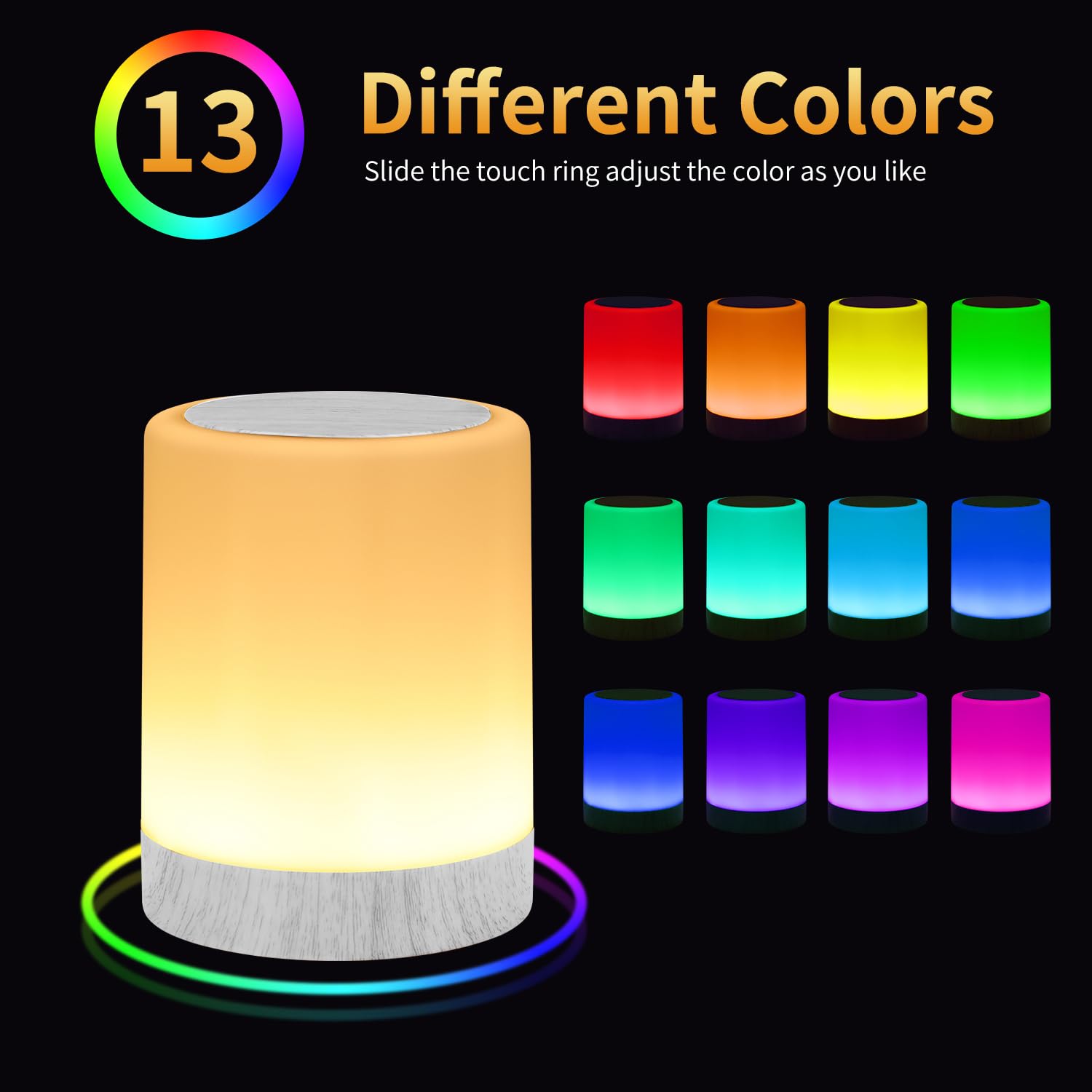 OORUN Touch Bedside Table Lamp with 13 RGB Colors, 5 Brightness Levels, USB Rechargeable, Wood Grain Beige, Model F8, 3.74inD x 3.