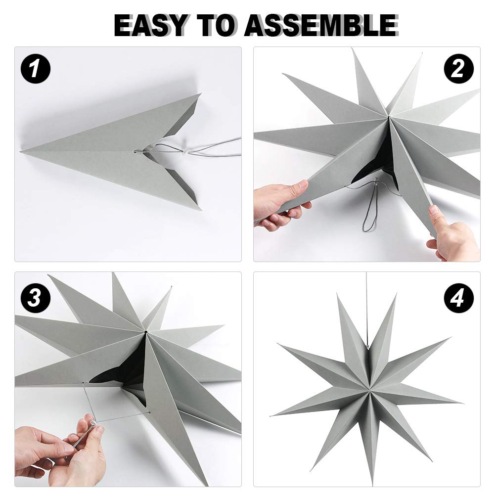 3 Pieces 3D 12'' Large Paper Star 9 Pointed Hanging Gold Paper Star Decorations For Weddings, Christmas Holiday, Kids Bedroom De