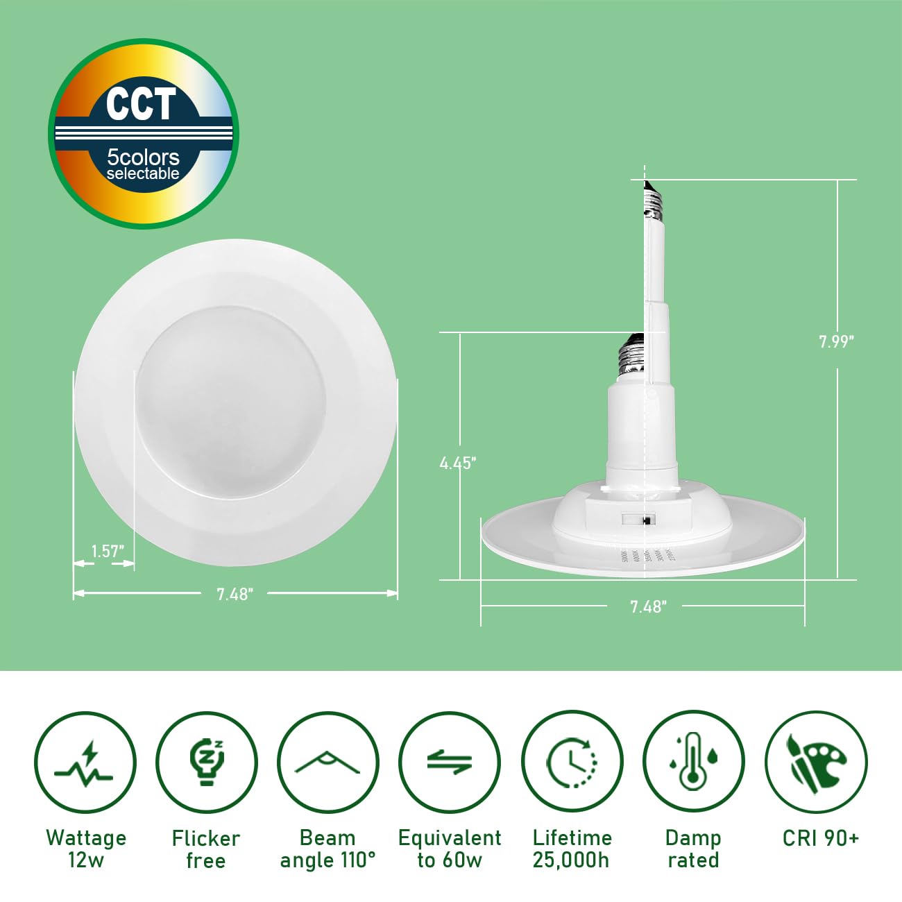 Soliseed 4-Pack 5/6 Inch 5Cct Retrofit Led Recessed Lighting,Selectable 2700K/3000K/3500K/4000K/5000K Adjustable Retrofit Downlight,12W=60W,800Lm,Dimmable Can Lights,Bevel Trim