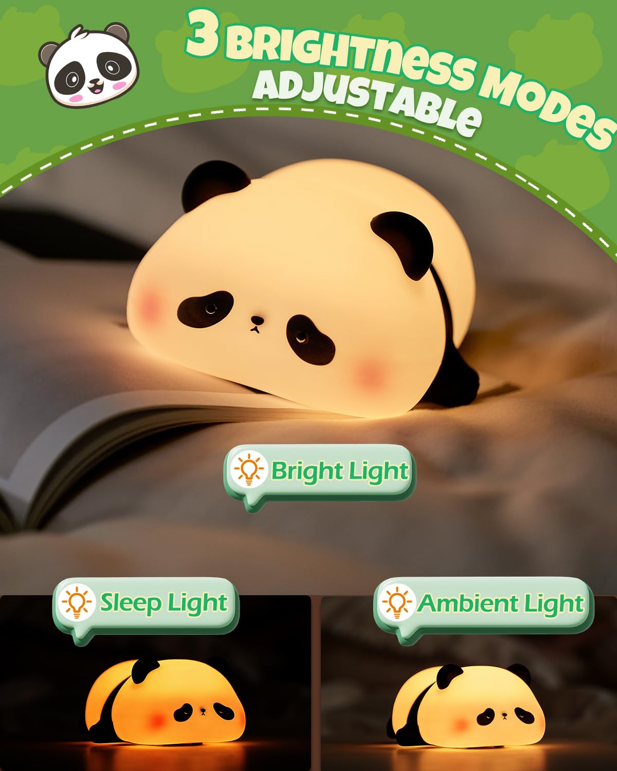 Cute Panda Night Light  Animal Lamp  Food Grade Silicone  Rechargeable  3 Level Dimmable  Squishy Nursery Nightlight For Desk Decor  Funny Gifts Stuff For Boys Girls Baby  White Elephant Gifts
