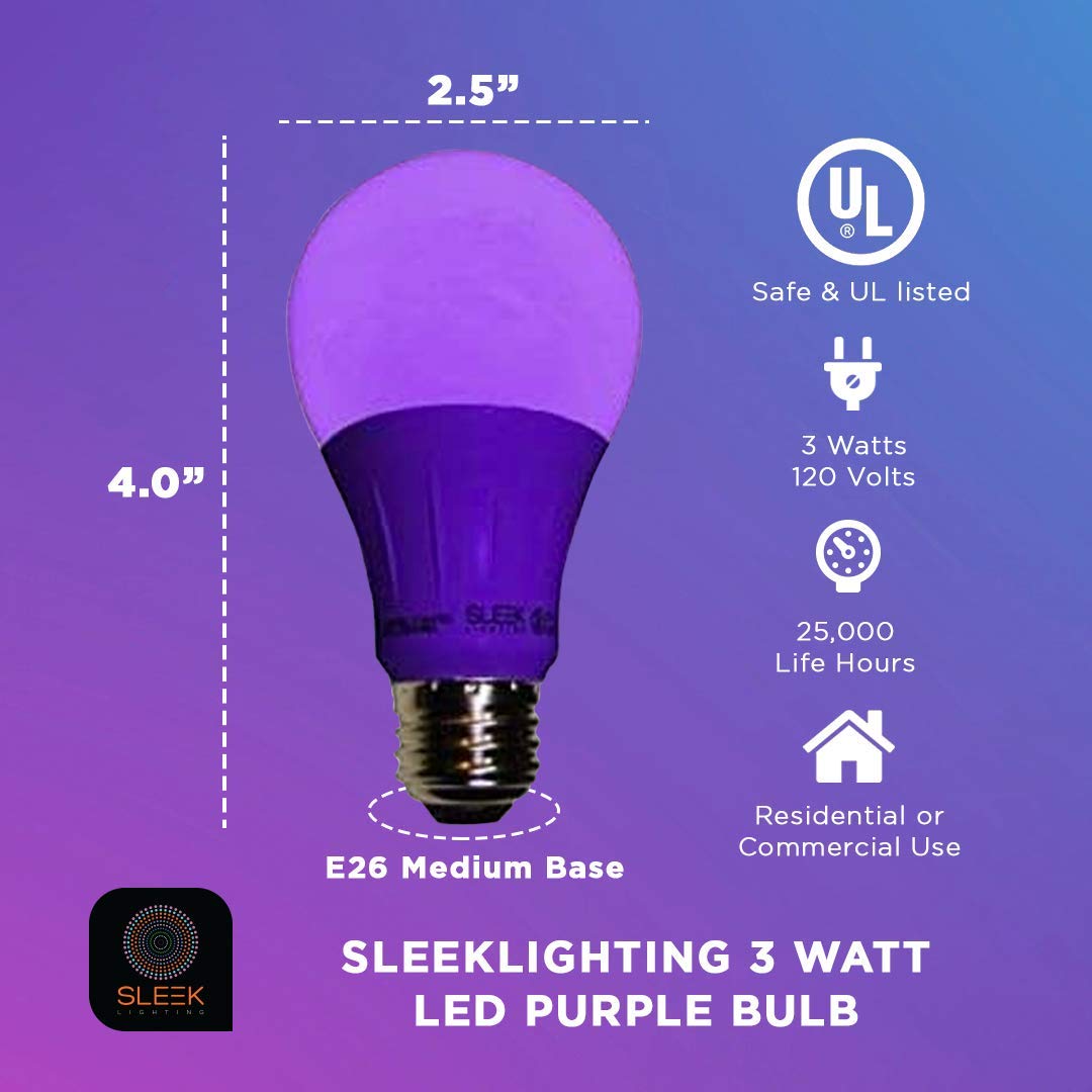 SLEEKLIGHTING A19 LED Purple Light Bulb, 3-Watt, Outdoor Use, UL-Listed, 4-Pack