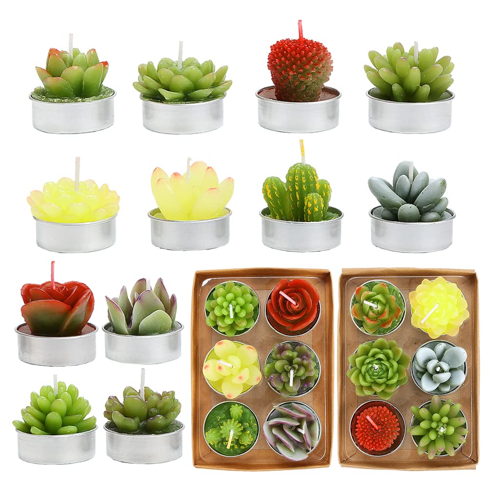 SSleng 12pcs Cactus Tealight Candles, Handmade Paraffin Wax, 1.57in, Decorative Succulent Candles for Parties, Weddings, Home Decor