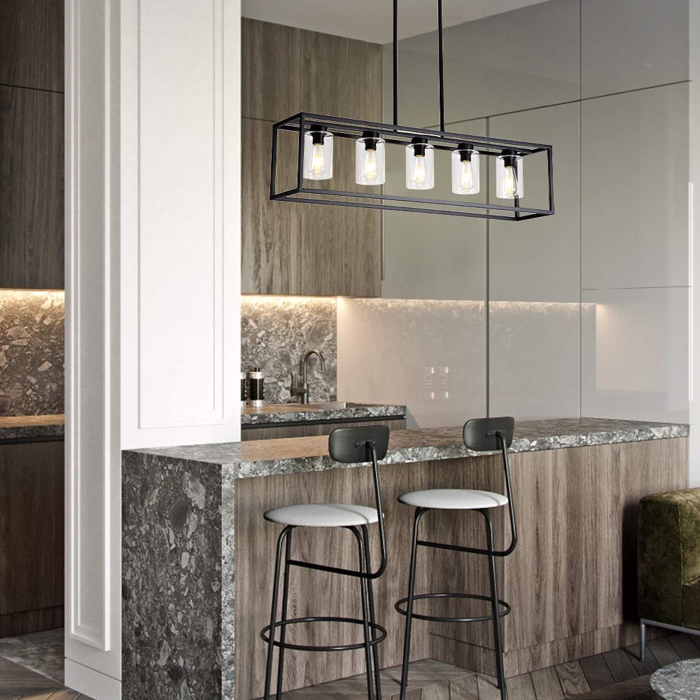 Xilicon Black 5-Light Farmhouse Pendant Lighting Fixture With Glass Shade For Dining Room