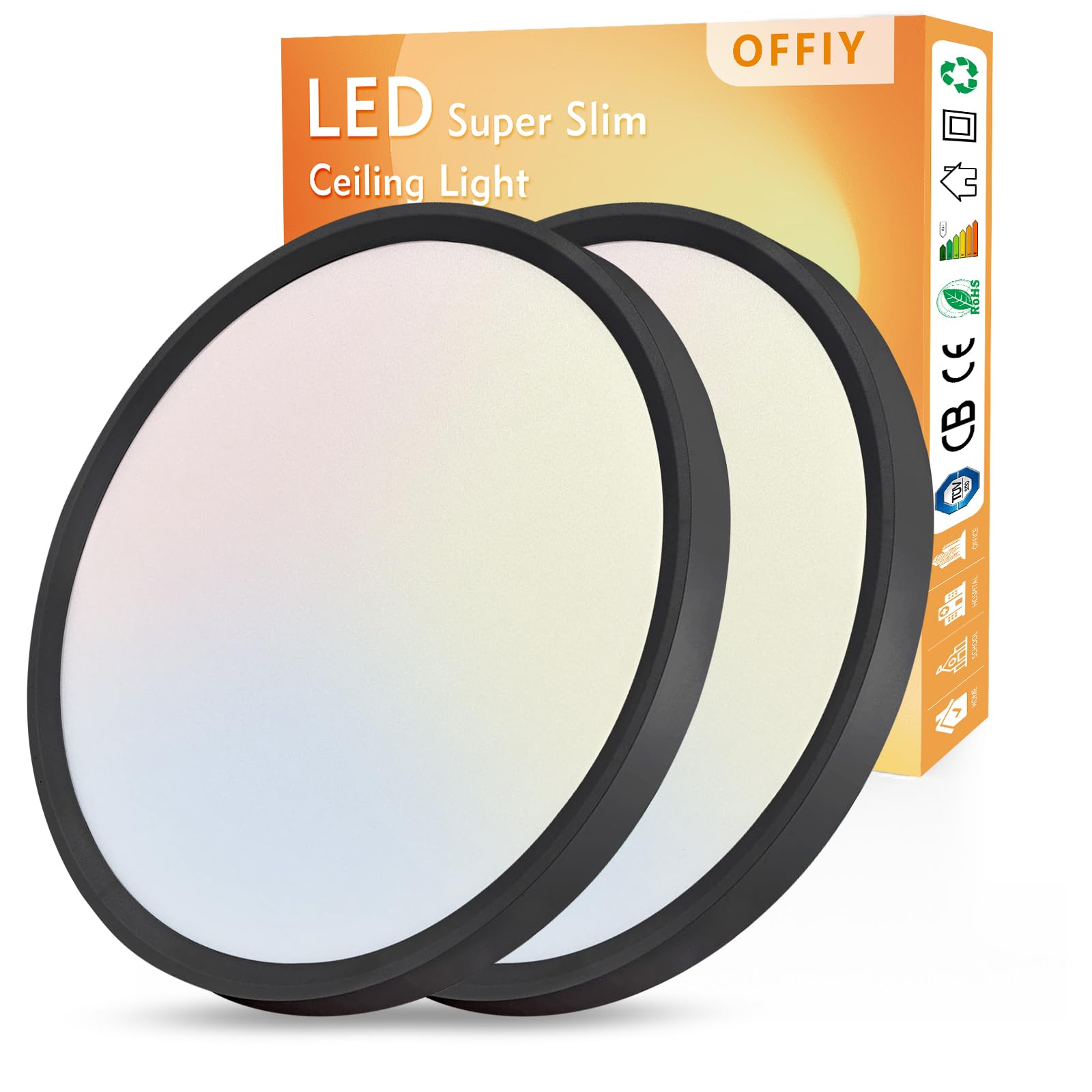 OFFIY 2PK 15.8 Inch Led Ceiling Light Flush Mount, 32W, 3480LM, 3000K/4000K/6000K CCT Selectable Super Slim LED Ceiling Light, L