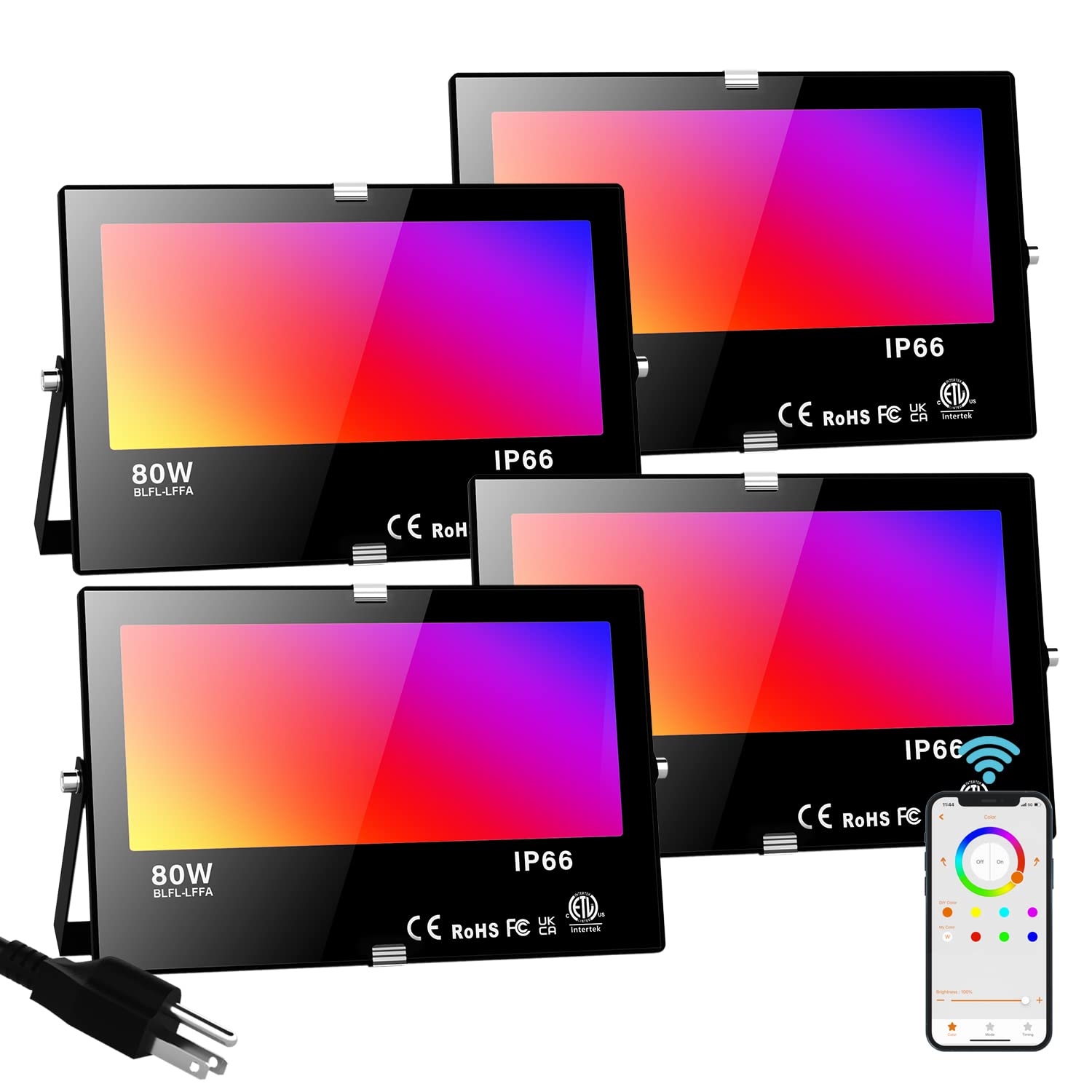 Led Flood Light Outdoor 800W Equivalent Bluetooth Smart Color Change Landscape Lighting Diy-Scene+Rgb Colors+Warm White 2700K - App & Group Control & Timing,Ip66 Waterproof Us 3-Plug Up Light 4Pack