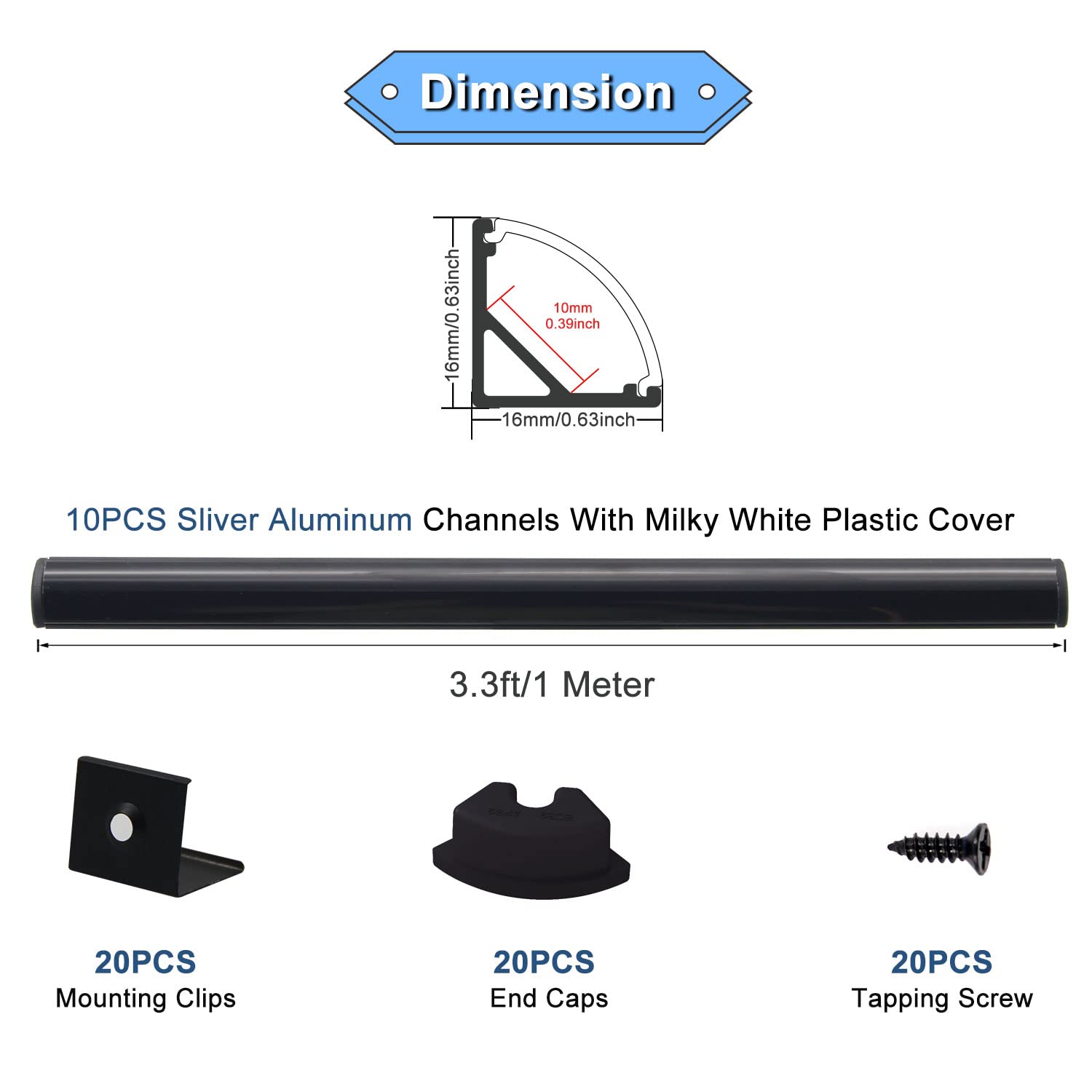 VST LED Channel System, 3.3ft V Shape Aluminum Profile with Black Cover, End Caps & Mounting Clips for Easy Installation