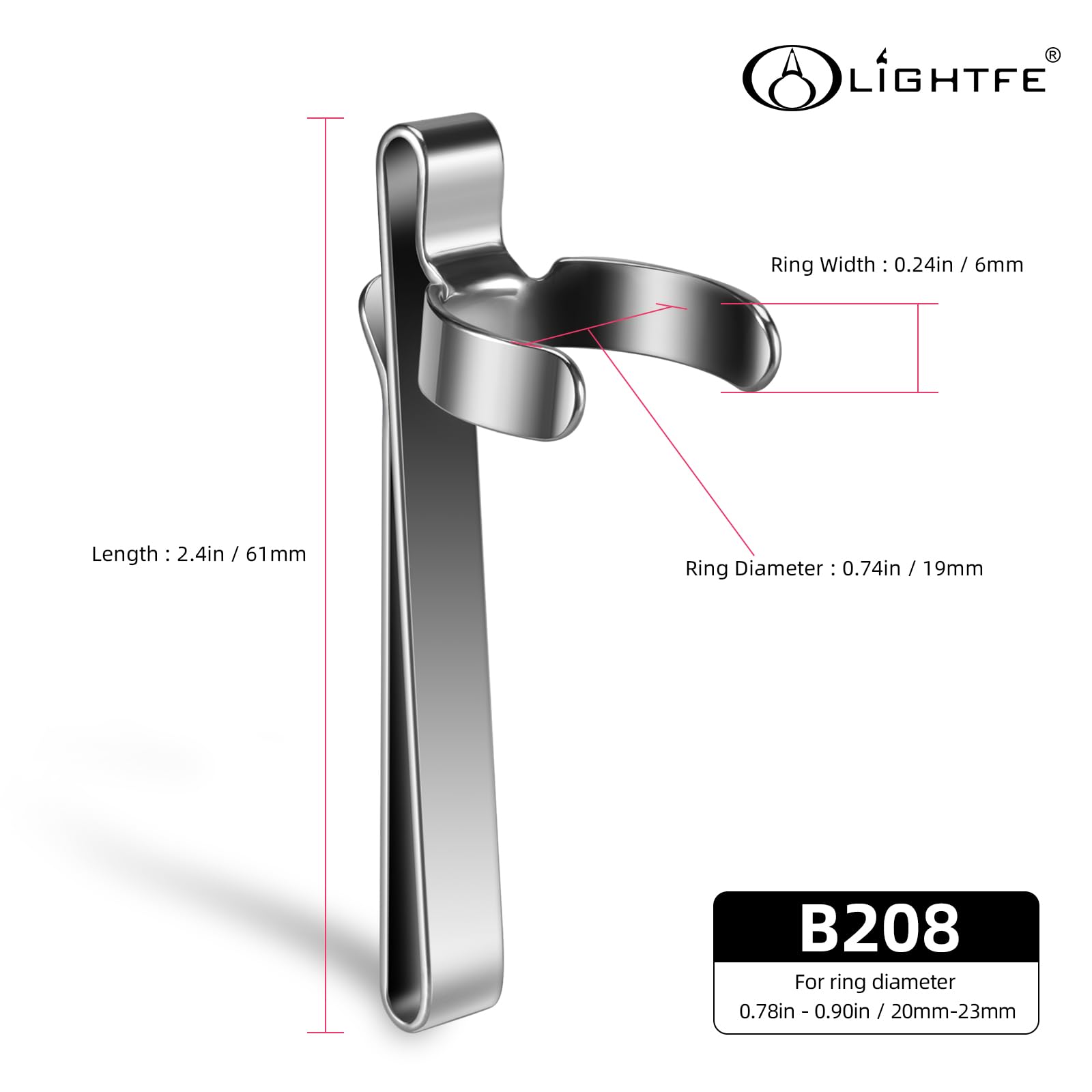 LIGHTFE Flashlight Clip B208, Stainless Steel, Fits 20-23mm Diameter, 5-5.4mm Slot Width, Versatile Hat, Pocket, or Bag Clip