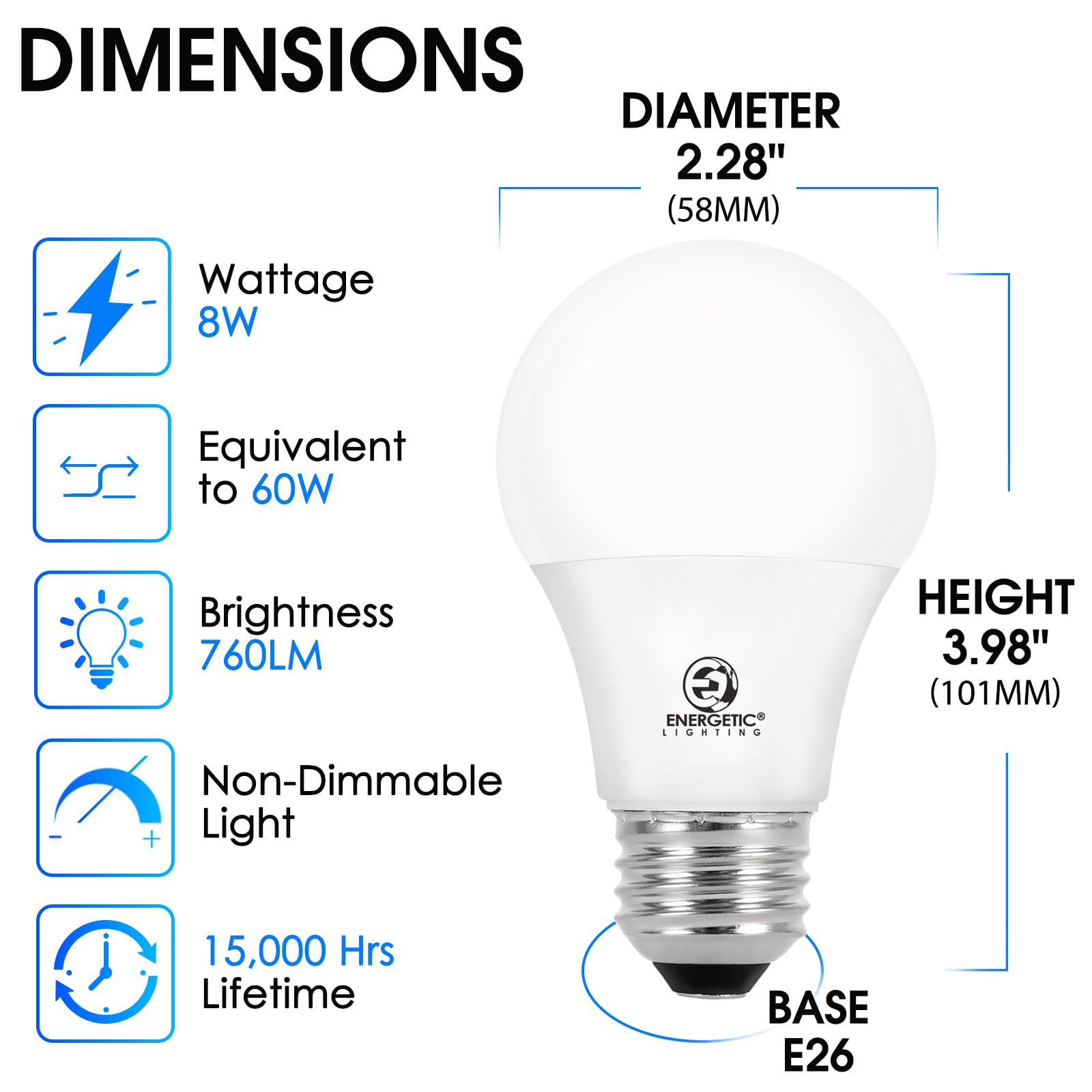 Energetic Smarter Lighting 60W A19 Led Light Bulb, Soft White 2700K, E26 Base, Non-Dimmable, 4 Pack, Ul Listed,