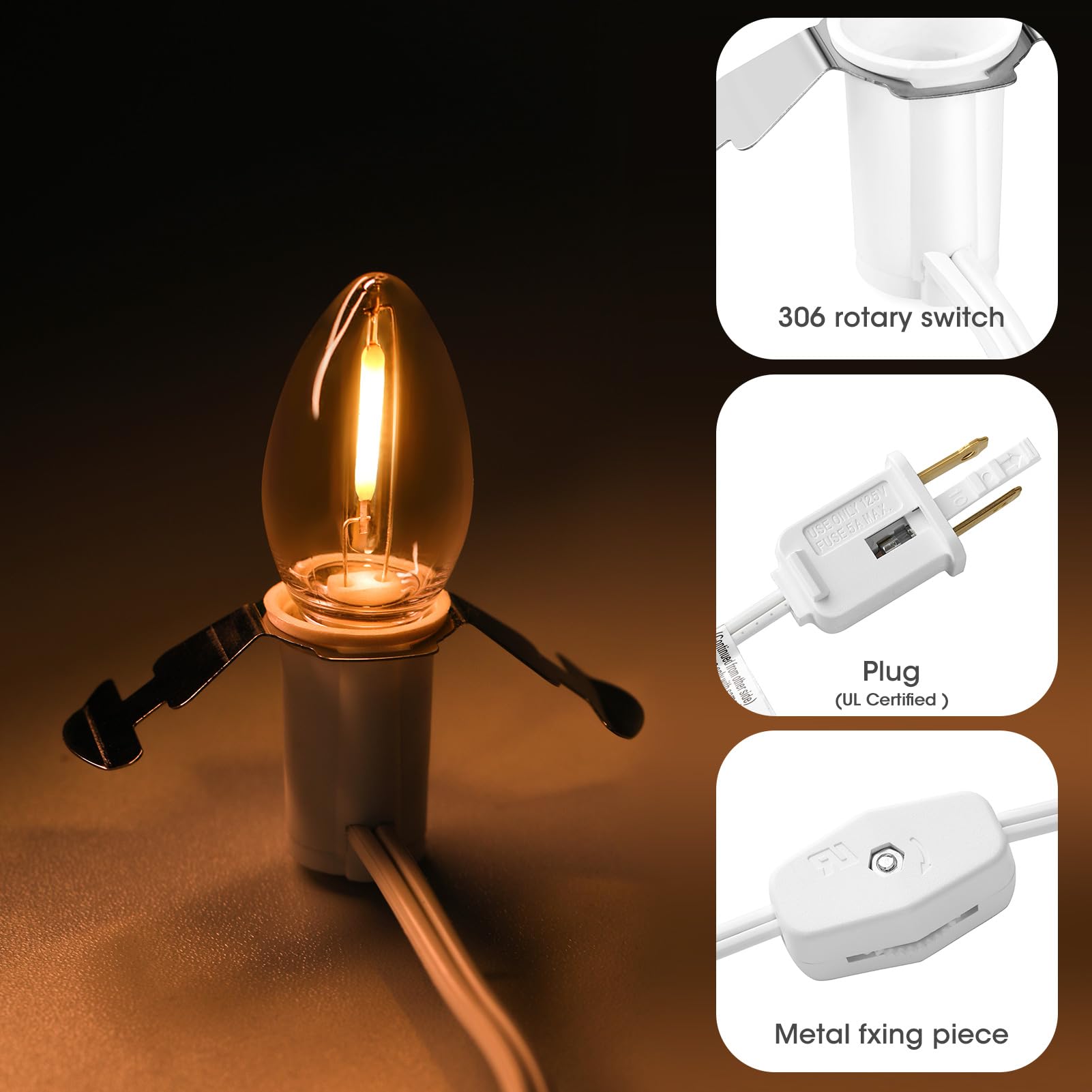 Meconard Accessory Cord With C7 Led Light Bulb, 6Ft Cord With On/Off Switch For Christmas Village House, Halloween Pumpkin, Blow Mold, Night Lights, Holiday Ceramic Trees, Craft Projects, 2 Pack