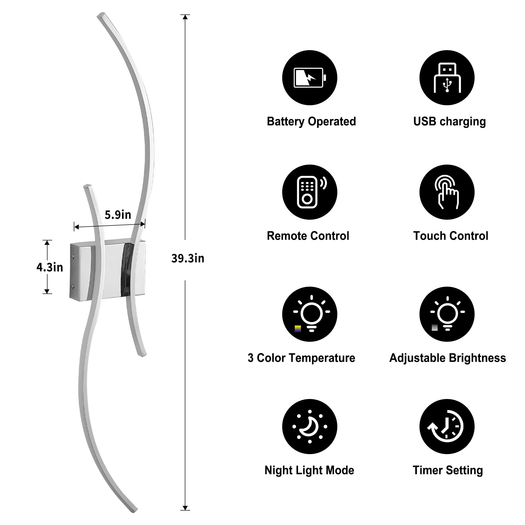 KARTOOSH LED Wall Sconces Set of 2, Battery Operated, Remote Control, Dimmable, Chrome, 39.3 Inches, Model ZM319BCM100