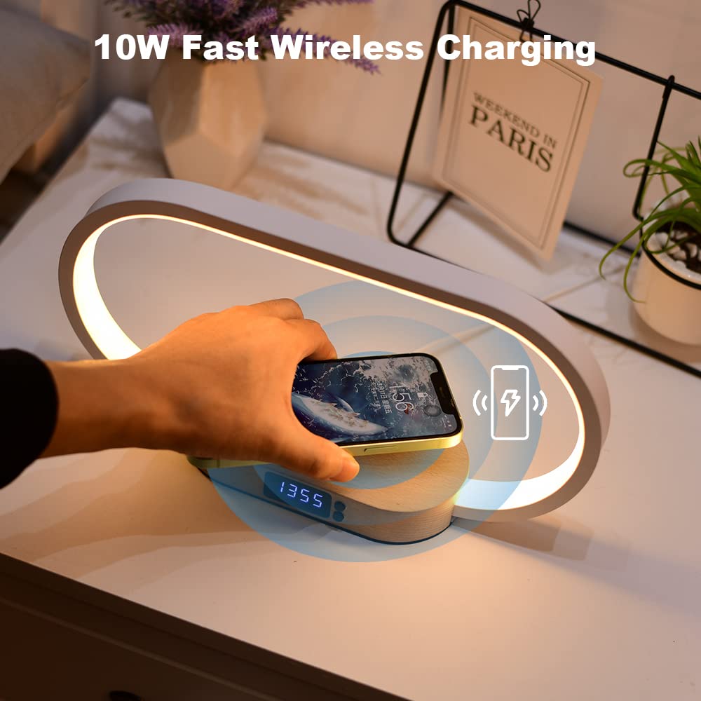 Donewin Bedside Lamp With Clock, Usb Port, 10W Fast Wireless Charger, Touch Table Lamps For Nightstand, Bedroom,Wood Decor,Stepl