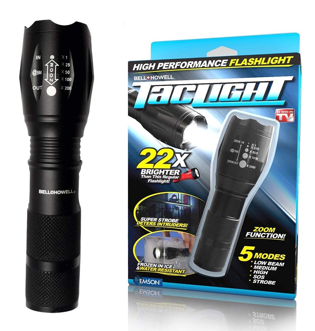 Bell+Howell TacLight LED Flashlight, 5 Modes, Zoom Function, 100,000 Hour Bulb, 5.4” x 1.6”, Black, Model 117