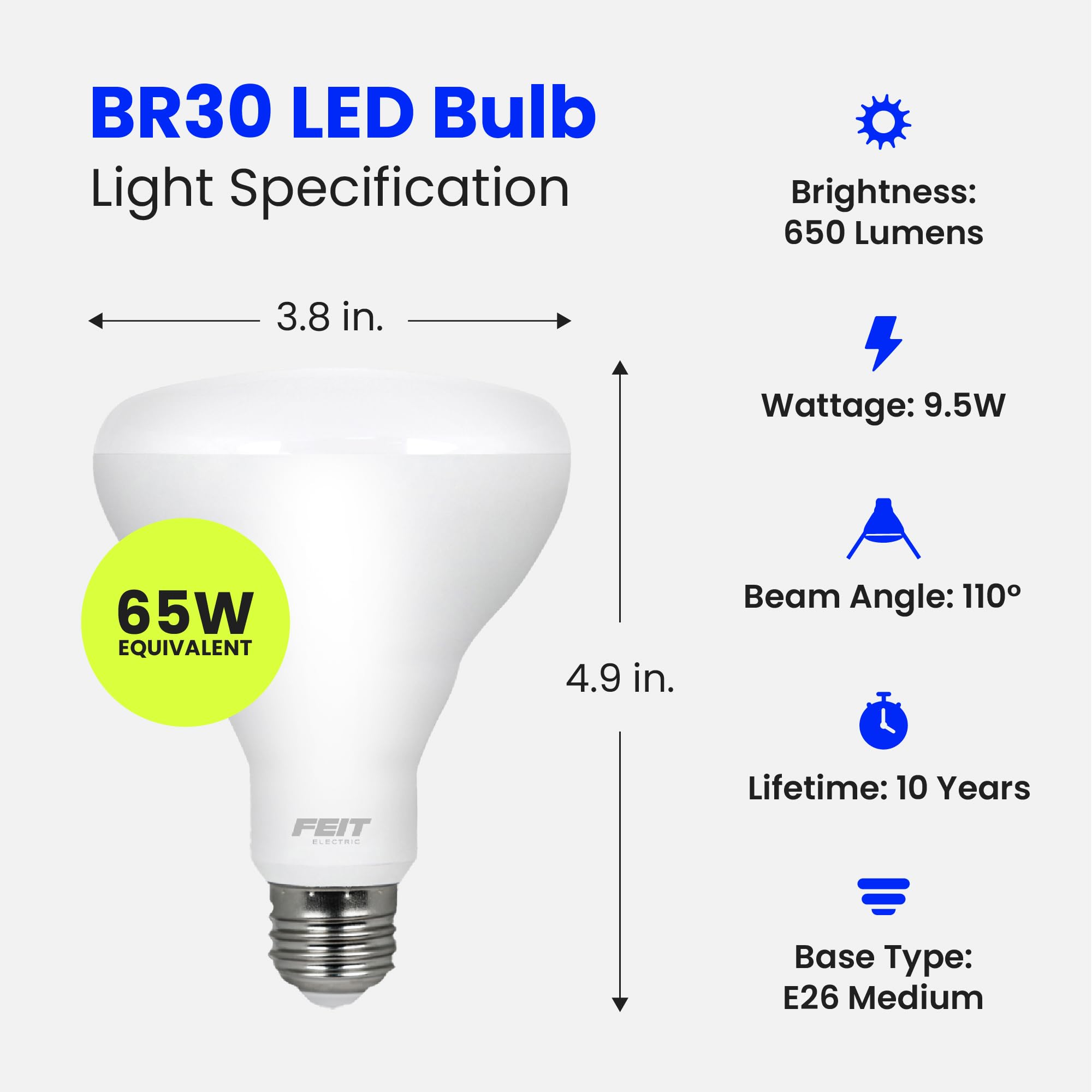 Feit Electric Br30 Led Light Bulbs, 65W Equivalent, Non Dimmable, 10 Year Life, 650 Lumens, 2700K Soft White, E26 Base Recessed