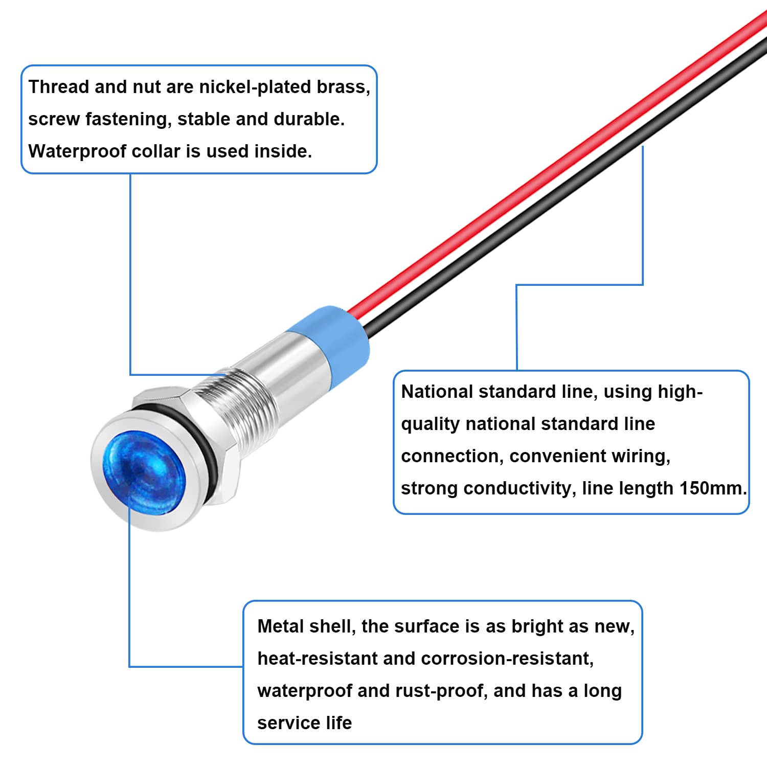 Smseace 5Pcs Red/Yellow/Blue/Green/White Ac/Dc12-24V Led Indicator Lights 1/4‘’(6Mm) Waterproof Flat Head Indicator Signal Lamp With 150Mm Cable Length Metal Led Indicator Light