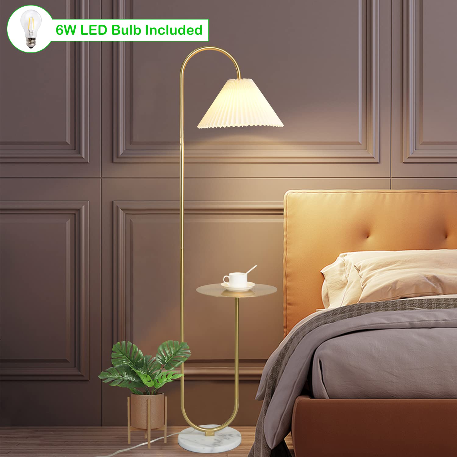 Beaysyty Modern Elegant With Tray Floor Lamp For Office Cafe Den Living Room Bedroom, Foot Switch And Brass/Gold Finish,Light Ye