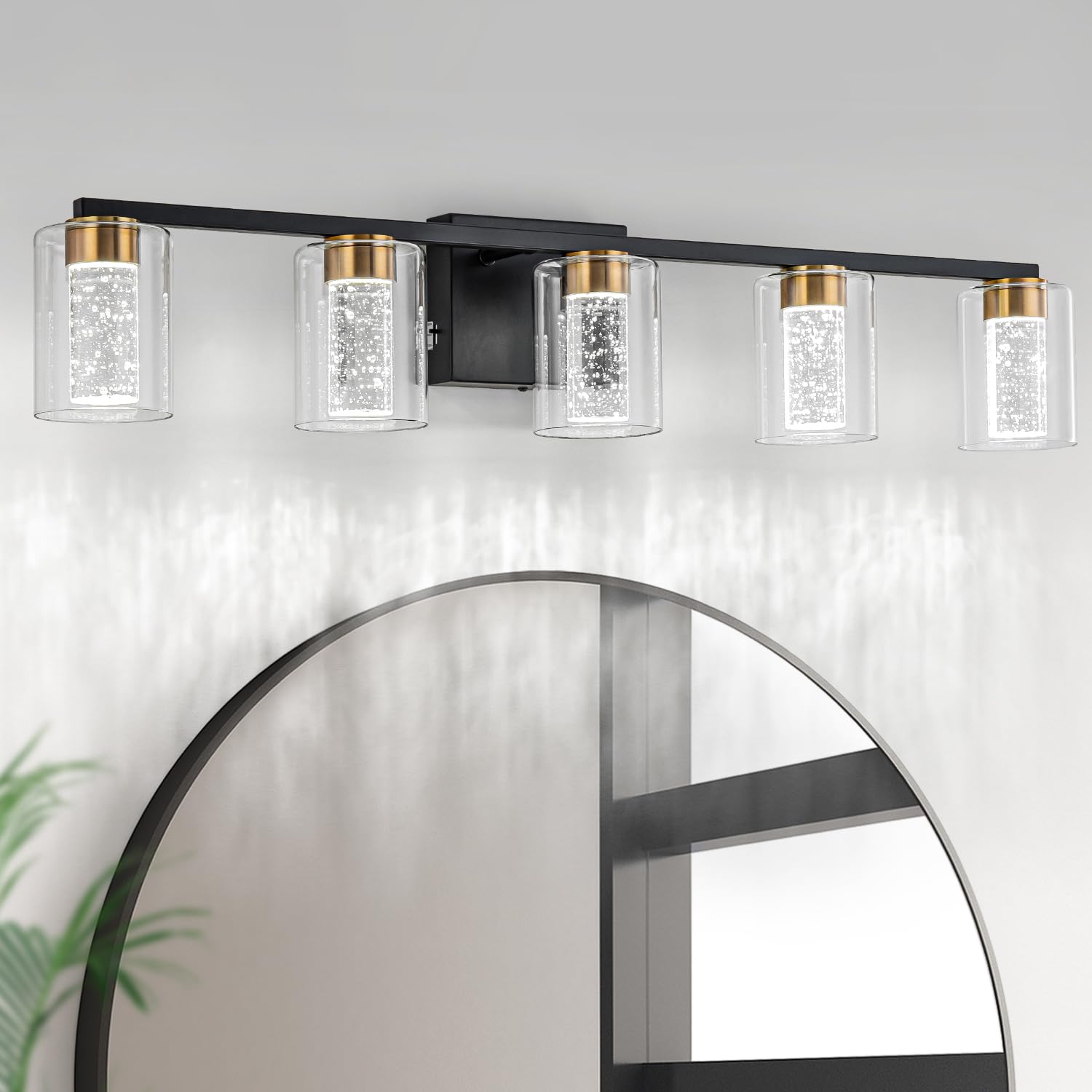 Sinerise 5-Light Black And Gold Vanity Light With 3 Color Modes (3000K/4000K/6000K), Eye Protection Led Bathroom Light Fixture,