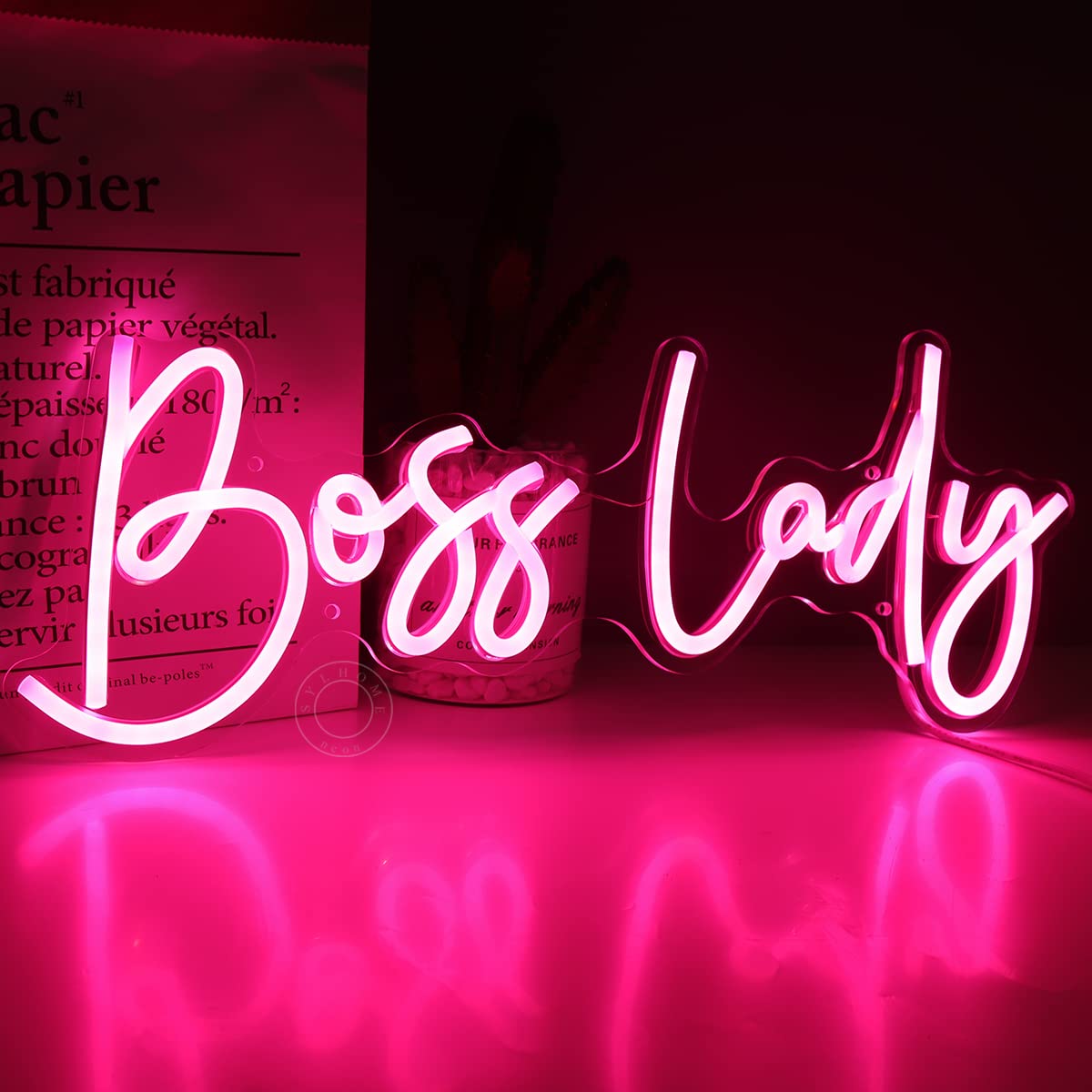SYLHOME Pink Boss Lady LED Neon Light Sign - USB Desk Decor for Bedroom, Living Room, Office - 15.8in x 6in - Acrylic, Glass, Plastic