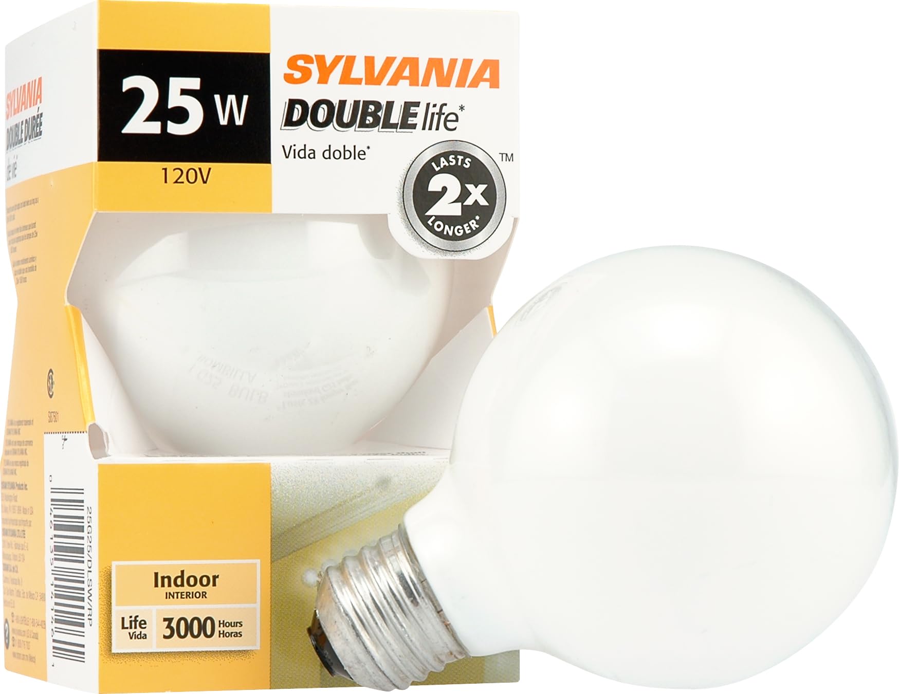 Sylvania Double Life 25 Watt Vanity Light Bulbs 1 Pack - Incandescent E26 Medium Base Globe Bulbs for Bathroom, Dimmable G25 Typ